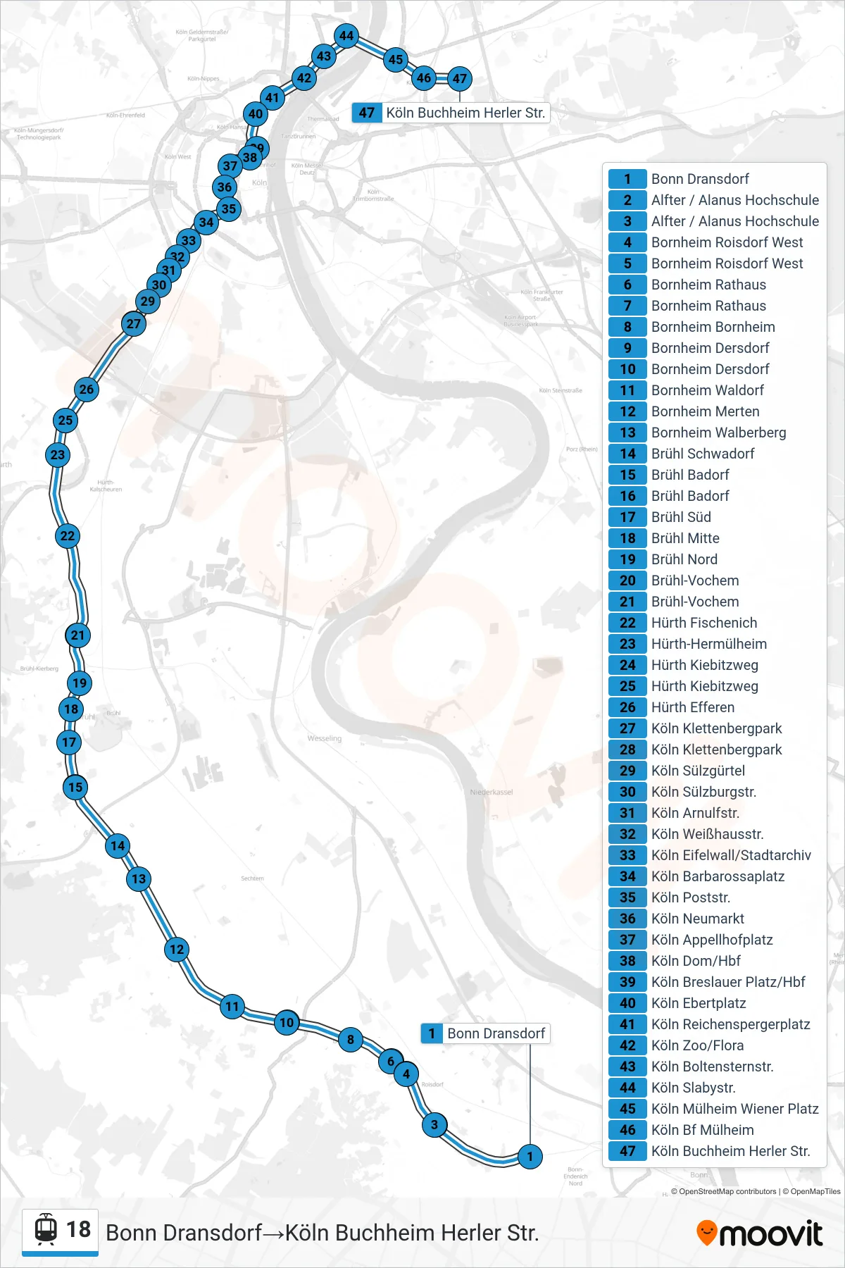 Linie 18 (Straßenbahn) Richtung Bonn Dransdorf→Köln Buchheim Herler Str.: Route und Haltestellen auf der Karte
