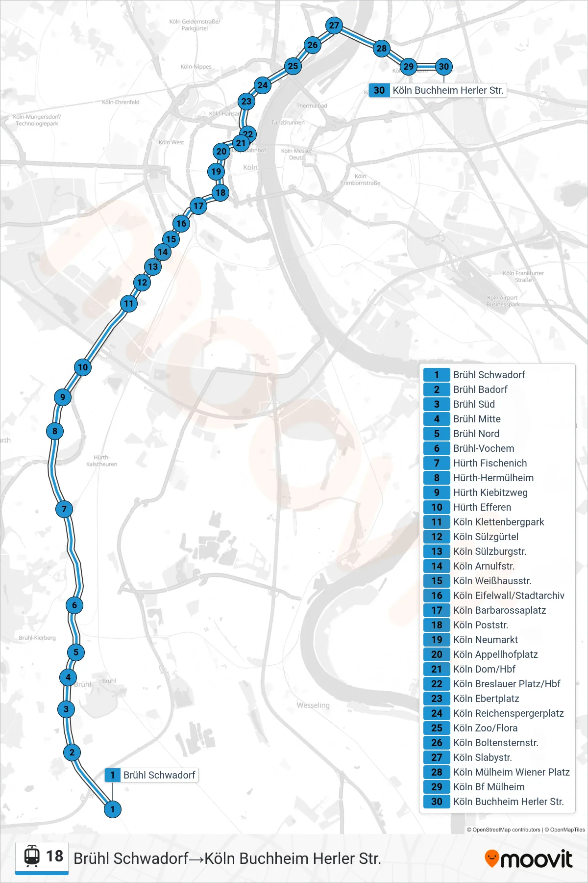 Linie 18 (Straßenbahn) Richtung Brühl Schwadorf→Köln Buchheim Herler Str.: Route und Haltestellen auf der Karte