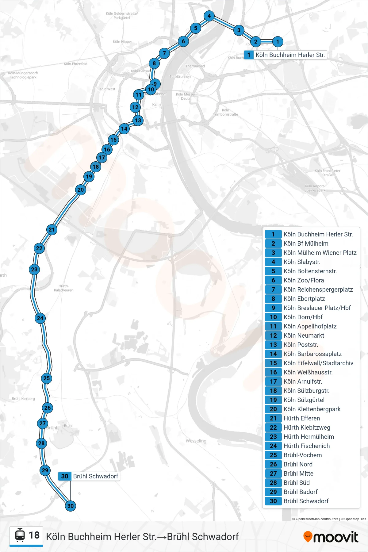 Linie 18 (Tram) Richtung Köln Buchheim Herler Str.→Brühl Schwadorf: Route und Haltestellen auf der Karte