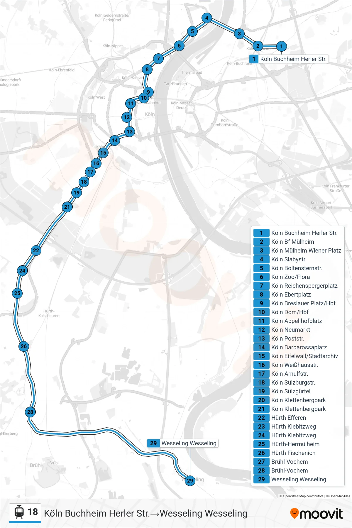 Linie 18 (Straßenbahn) Richtung Köln Buchheim Herler Str.→Wesseling Wesseling: Route und Haltestellen auf der Karte