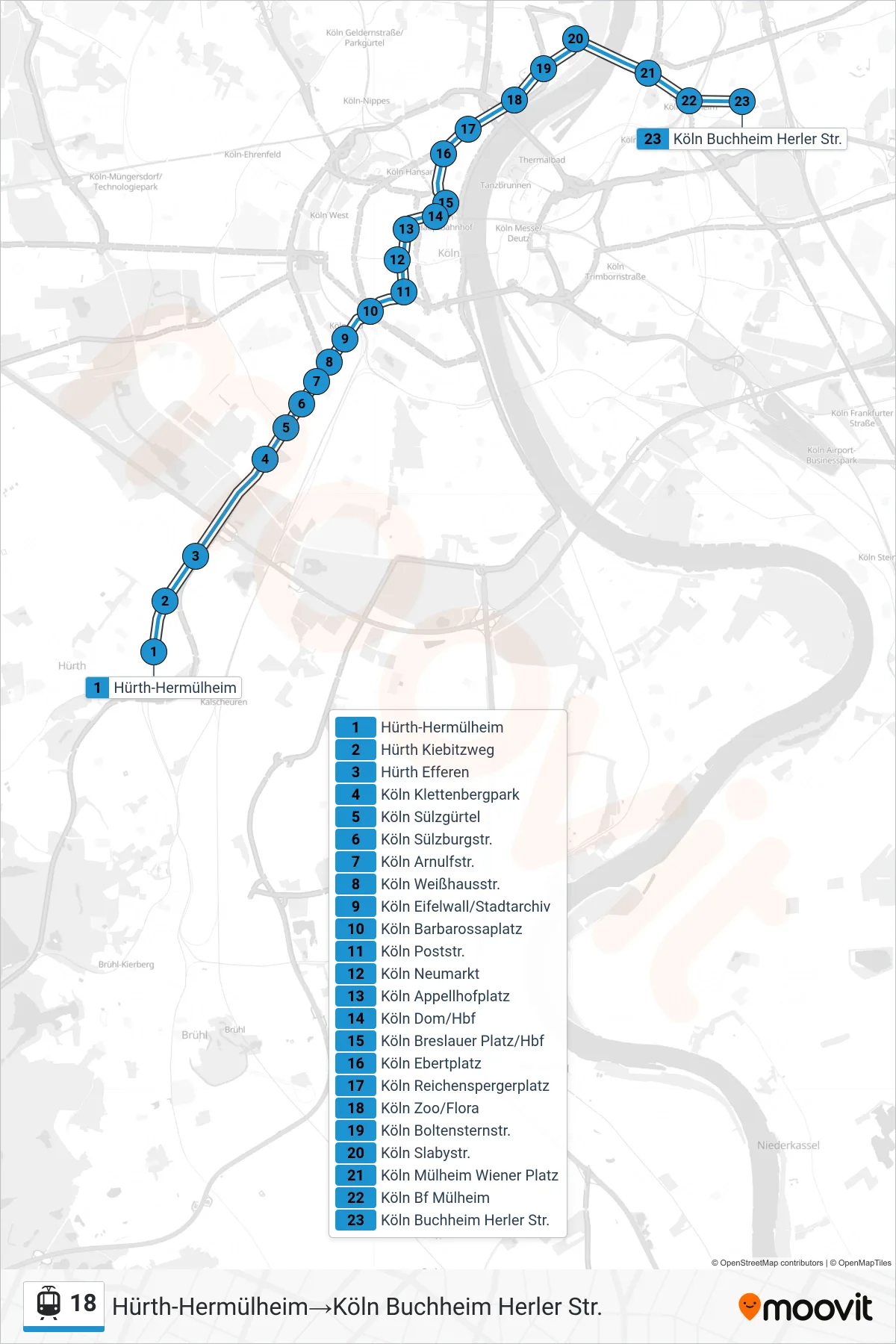 Linie 18 (Straßenbahn) Richtung Hürth-Hermülheim→Köln Buchheim Herler Str.: Route und Haltestellen auf der Karte