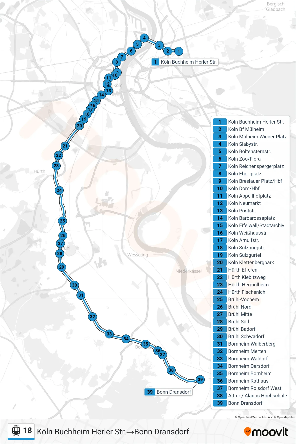 Linie 18 (Straßenbahn) Richtung Köln Buchheim Herler Str.→Bonn Dransdorf: Route und Haltestellen auf der Karte