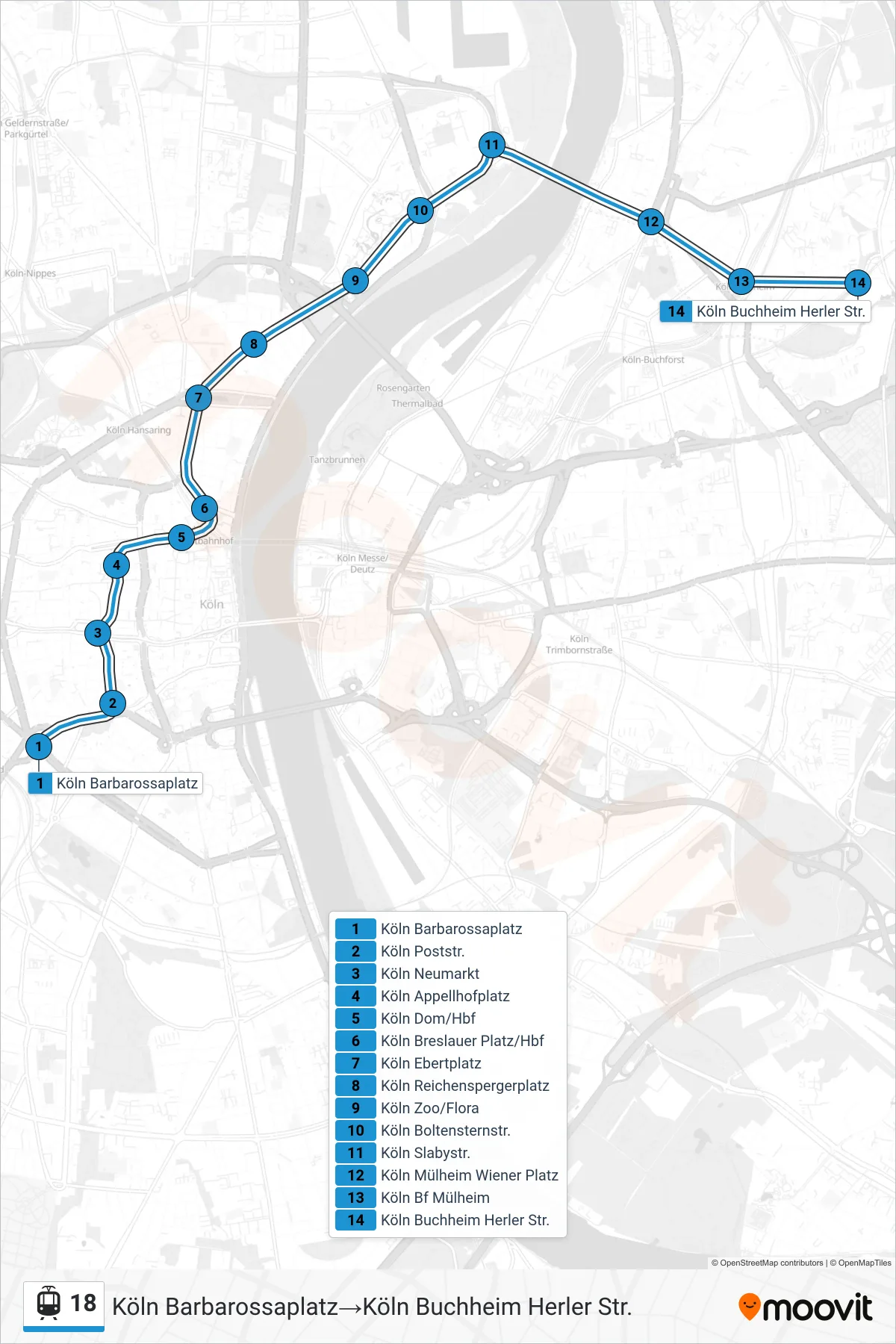 Linie 18 (Tram) Richtung Köln Barbarossaplatz→Köln Buchheim Herler Str.: Route und Haltestellen auf der Karte