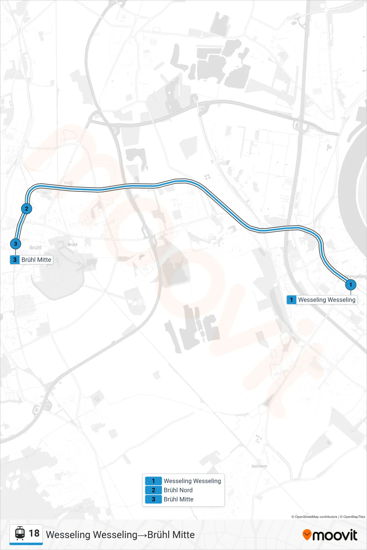 Linie 18 (Straßenbahn) Richtung Wesseling Wesseling→Brühl Mitte: Route und Haltestellen auf der Karte