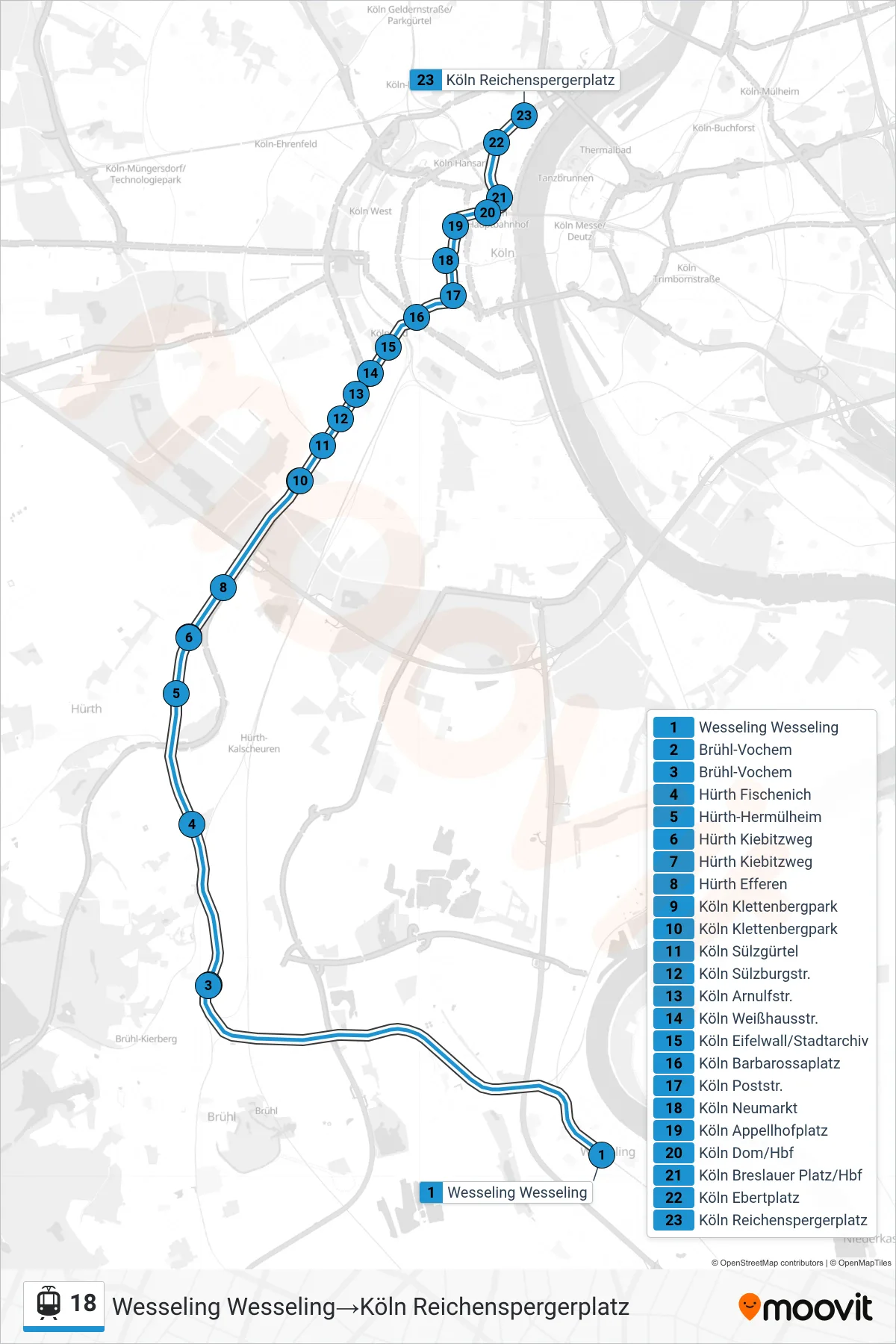 Linie 18 (Straßenbahn) Richtung Wesseling Wesseling‎→Köln Reichenspergerplatz: Route und Haltestellen auf der Karte