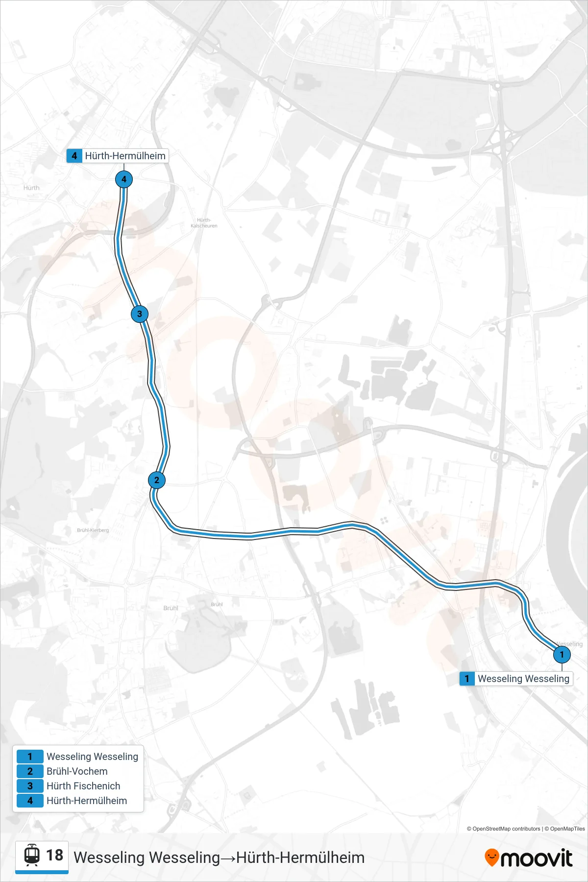 Linie 18 (Straßenbahn) Richtung Wesseling Wesseling‎→Hürth-Hermülheim: Route und Haltestellen auf der Karte