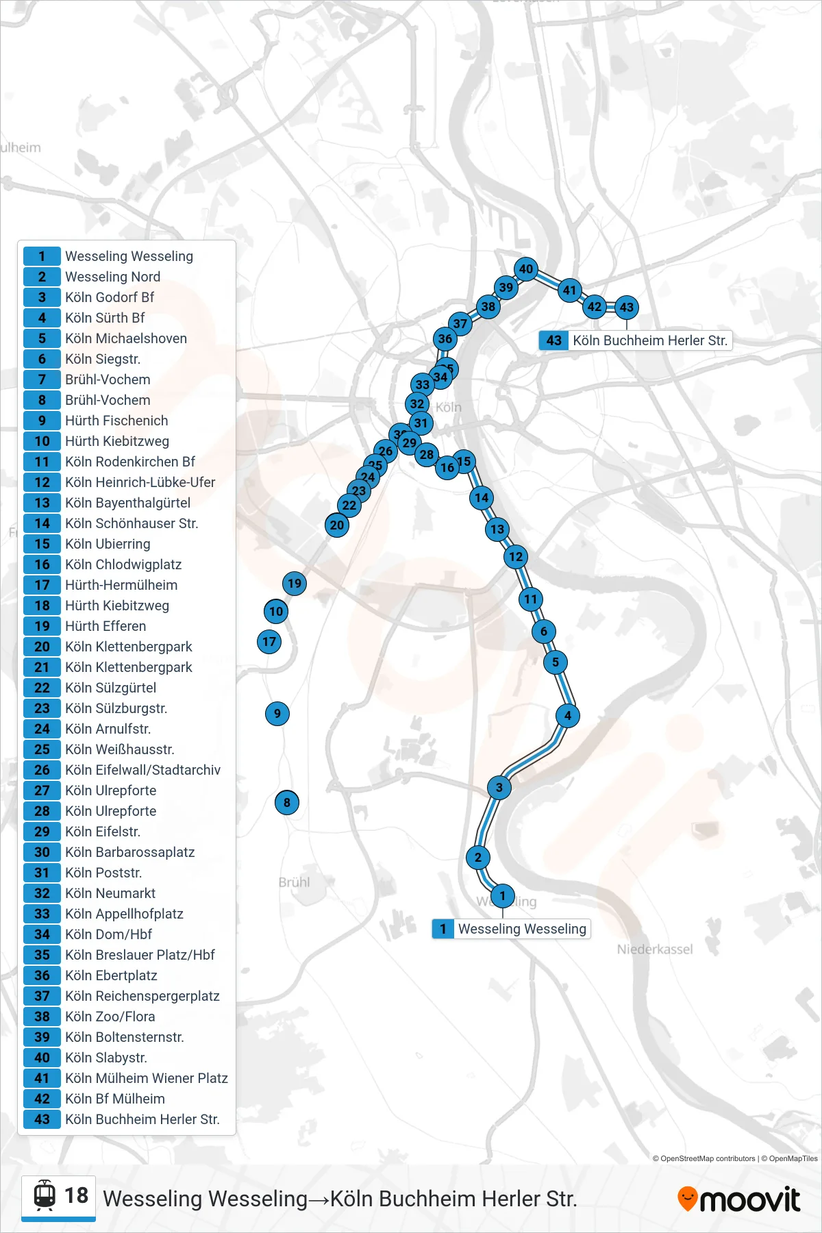 Linie 18 (Straßenbahn) Richtung Wesseling Wesseling→Köln Buchheim Herler Str.: Route und Haltestellen auf der Karte