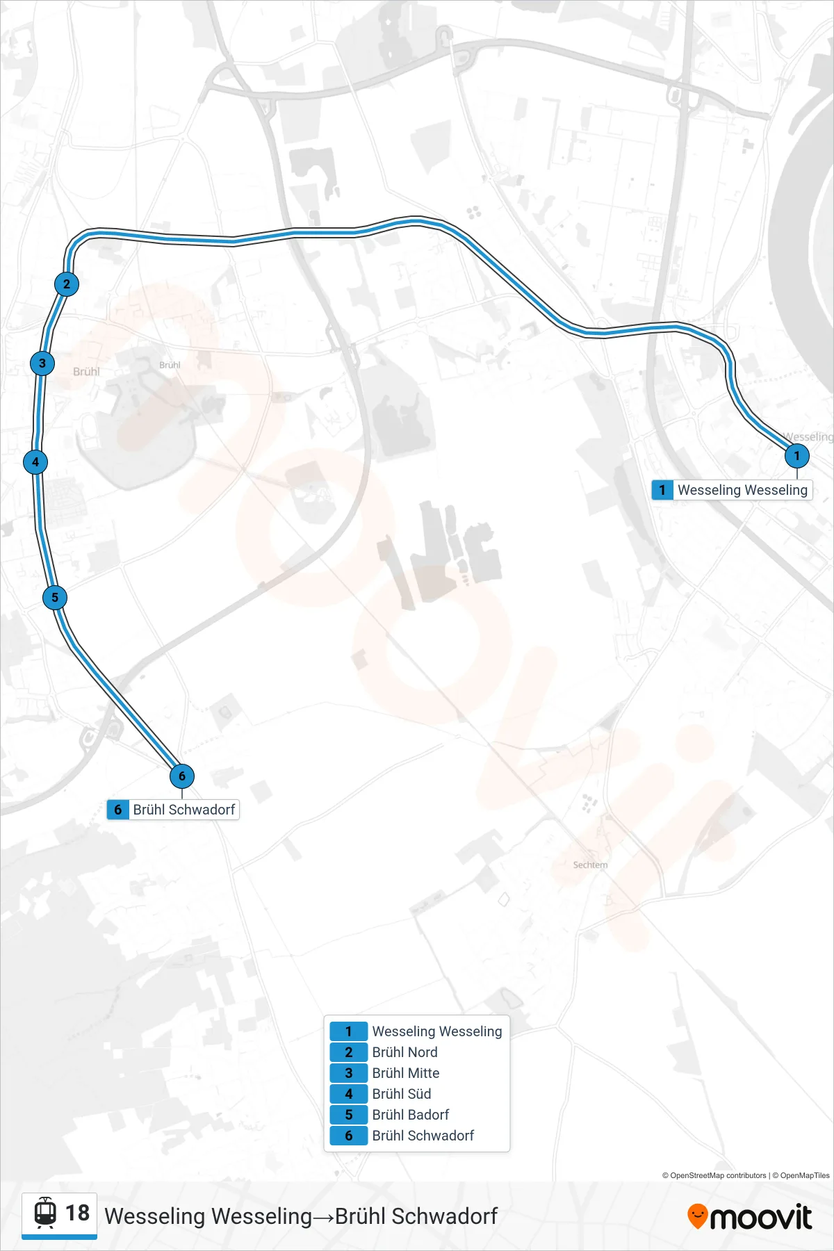 Linie 18 (Straßenbahn) Richtung Wesseling Wesseling→Brühl Schwadorf: Route und Haltestellen auf der Karte