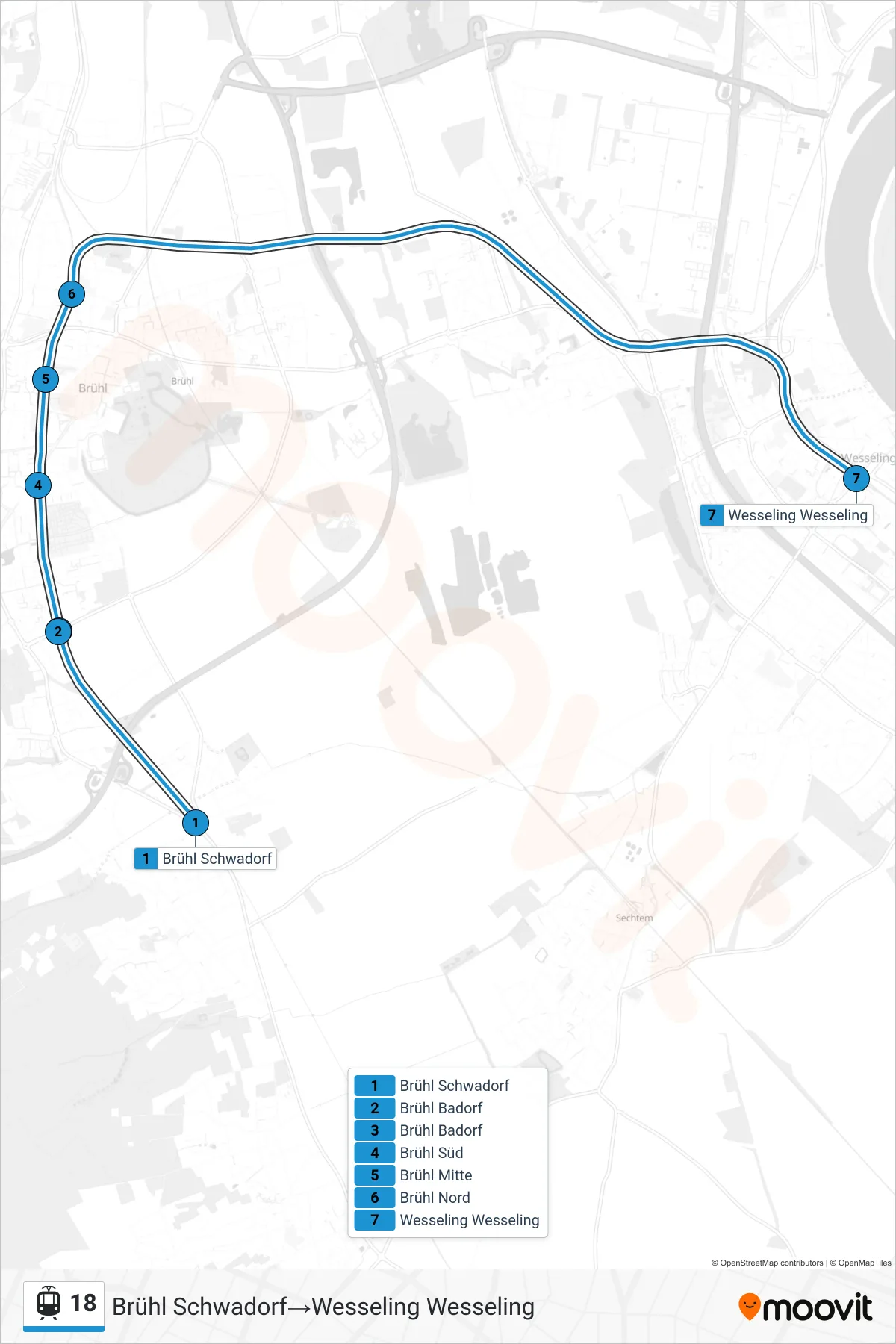 Linie 18 (Straßenbahn) Richtung Brühl Schwadorf‎→Wesseling Wesseling: Route und Haltestellen auf der Karte