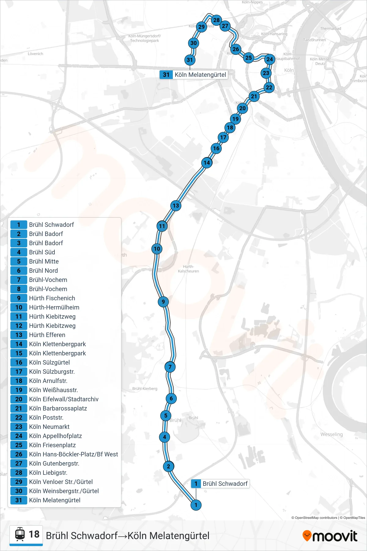 Linie 18 (Straßenbahn) Richtung Brühl Schwadorf→Köln Melatengürtel: Route und Haltestellen auf der Karte