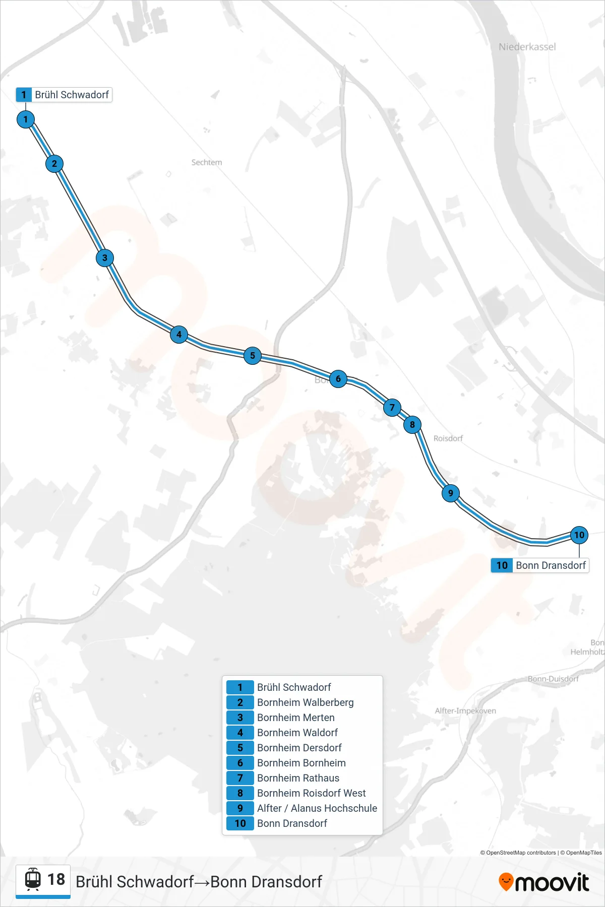 Linie 18 (Straßenbahn) Richtung Brühl Schwadorf‎→Bonn Dransdorf: Route und Haltestellen auf der Karte