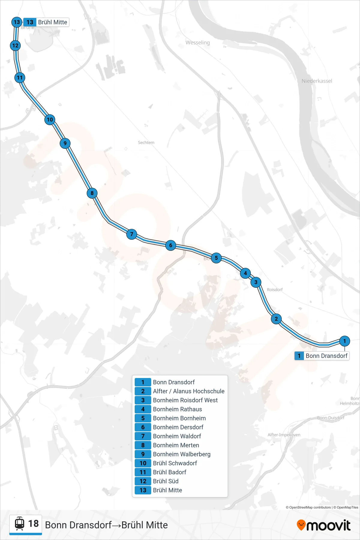 18 light rail Line (Bonn Dransdorf→Brühl Mitte) route and stops on a map