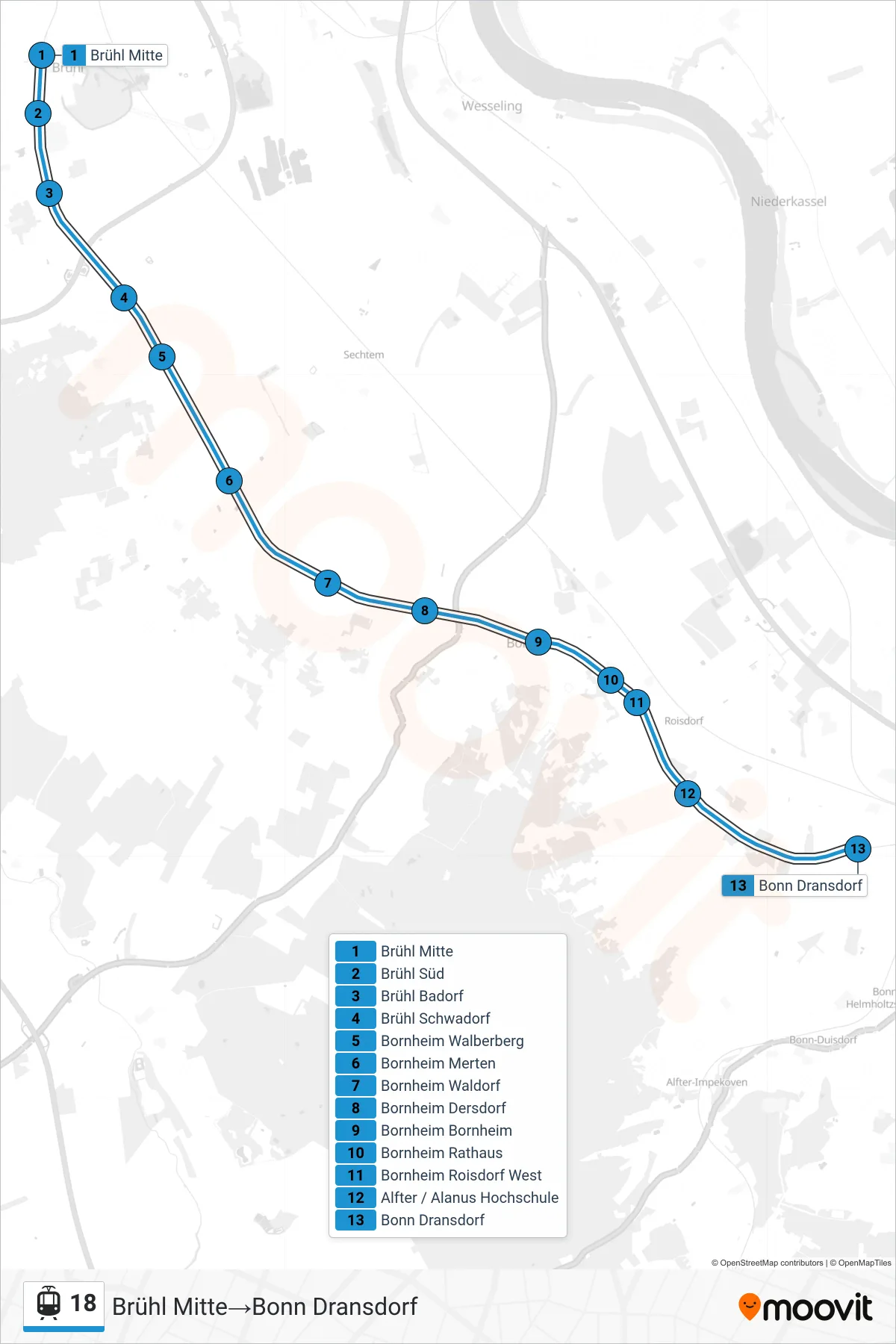 Linie 18 (Straßenbahn) Richtung Brühl Mitte→Bonn Dransdorf: Route und Haltestellen auf der Karte