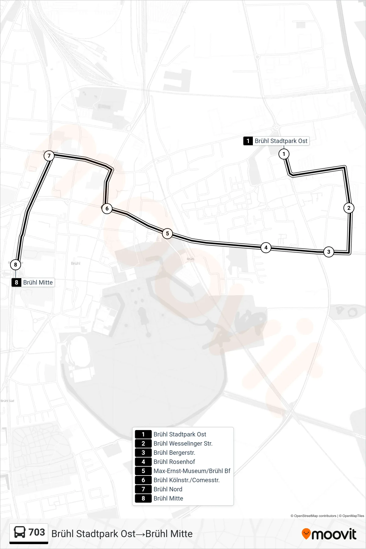 Linie 703 (Bus) Richtung Brühl Stadtpark Ost‎→Brühl Mitte: Route und Haltestellen auf der Karte