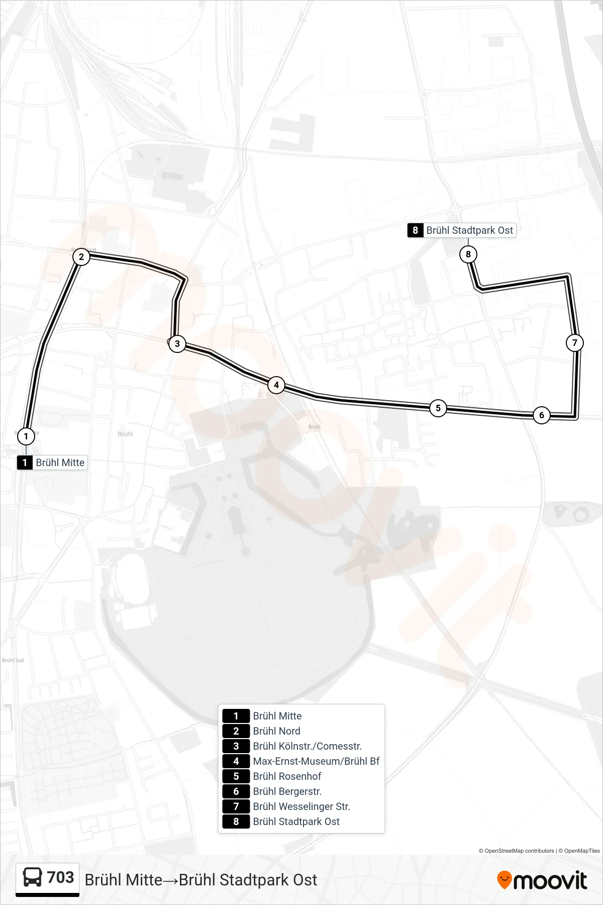 Linie 703 (Bus) Richtung Brühl Mitte→Brühl Stadtpark Ost: Route und Haltestellen auf der Karte