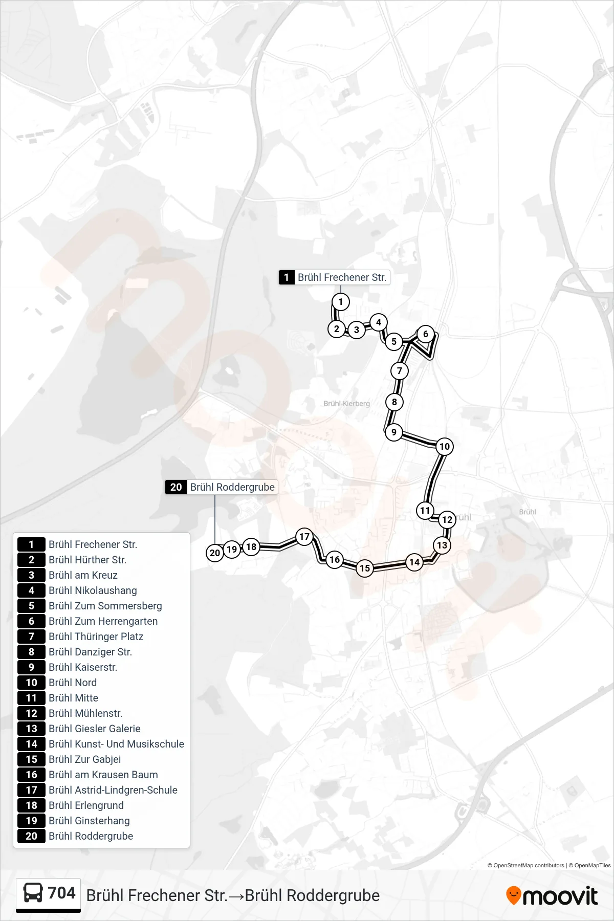 Linie 704 (Bus) Richtung Brühl Frechener Str.‎→Brühl Roddergrube: Route und Haltestellen auf der Karte