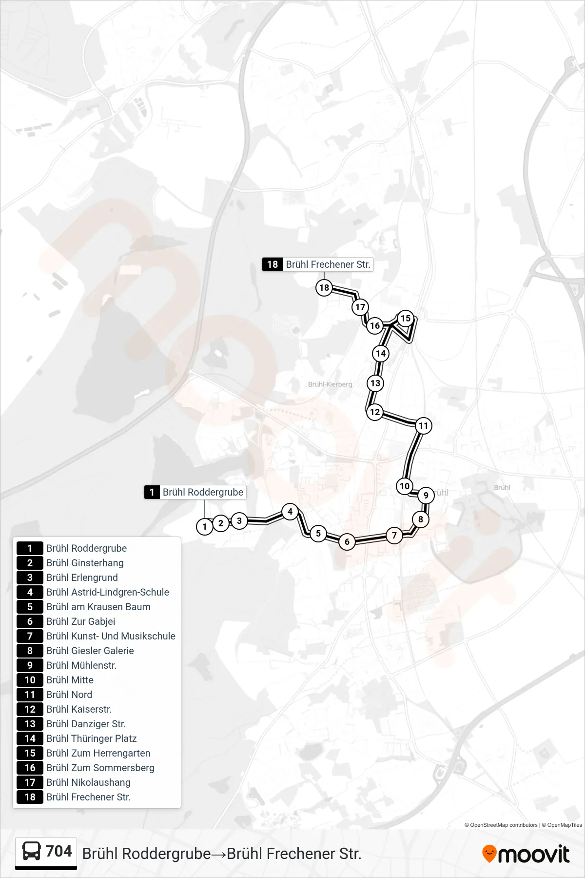 Linie 704 (Bus) Richtung Brühl Roddergrube→Brühl Frechener Str.: Route und Haltestellen auf der Karte
