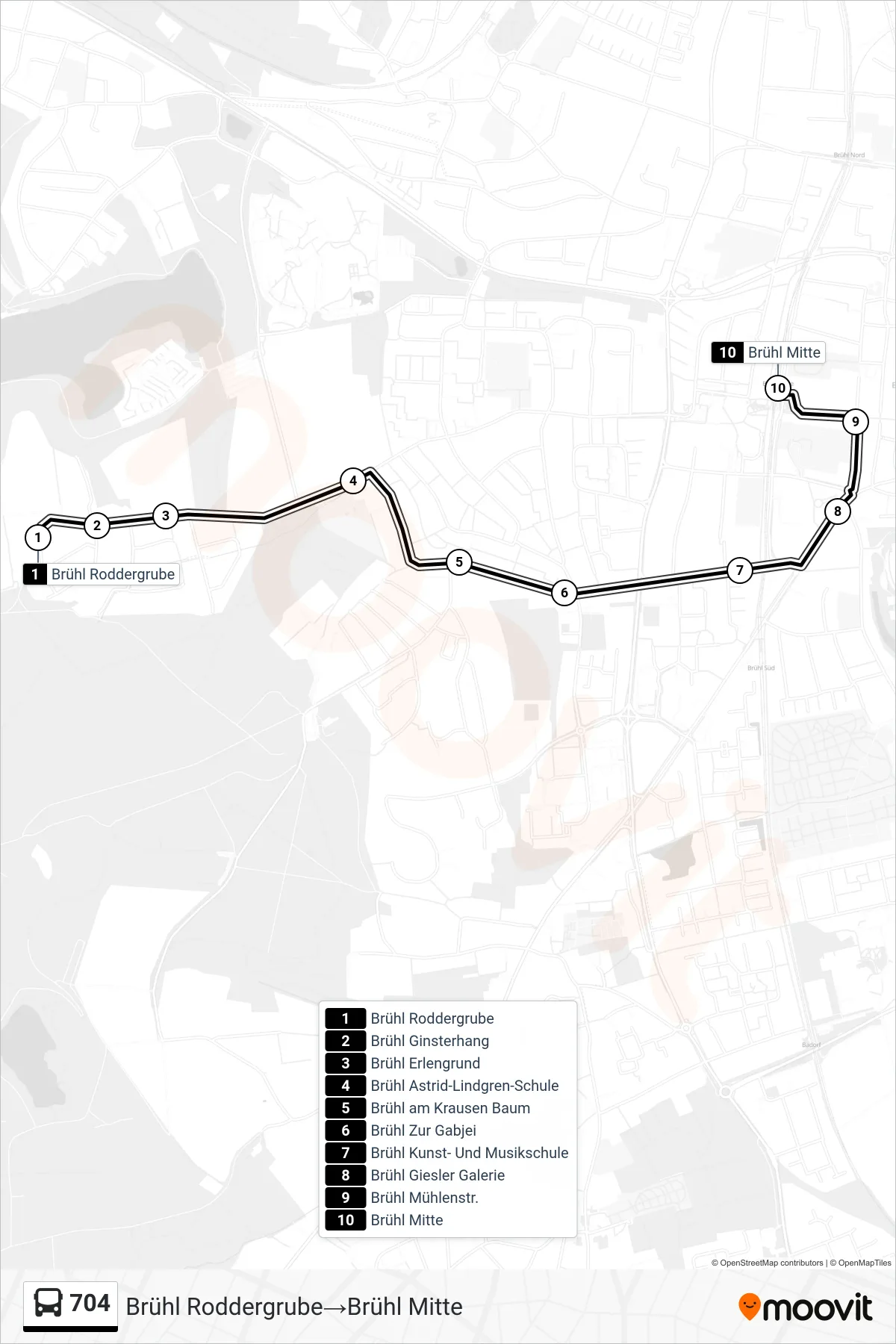 704 bus Line (Brühl Roddergrube→Brühl Mitte) route and stops on a map