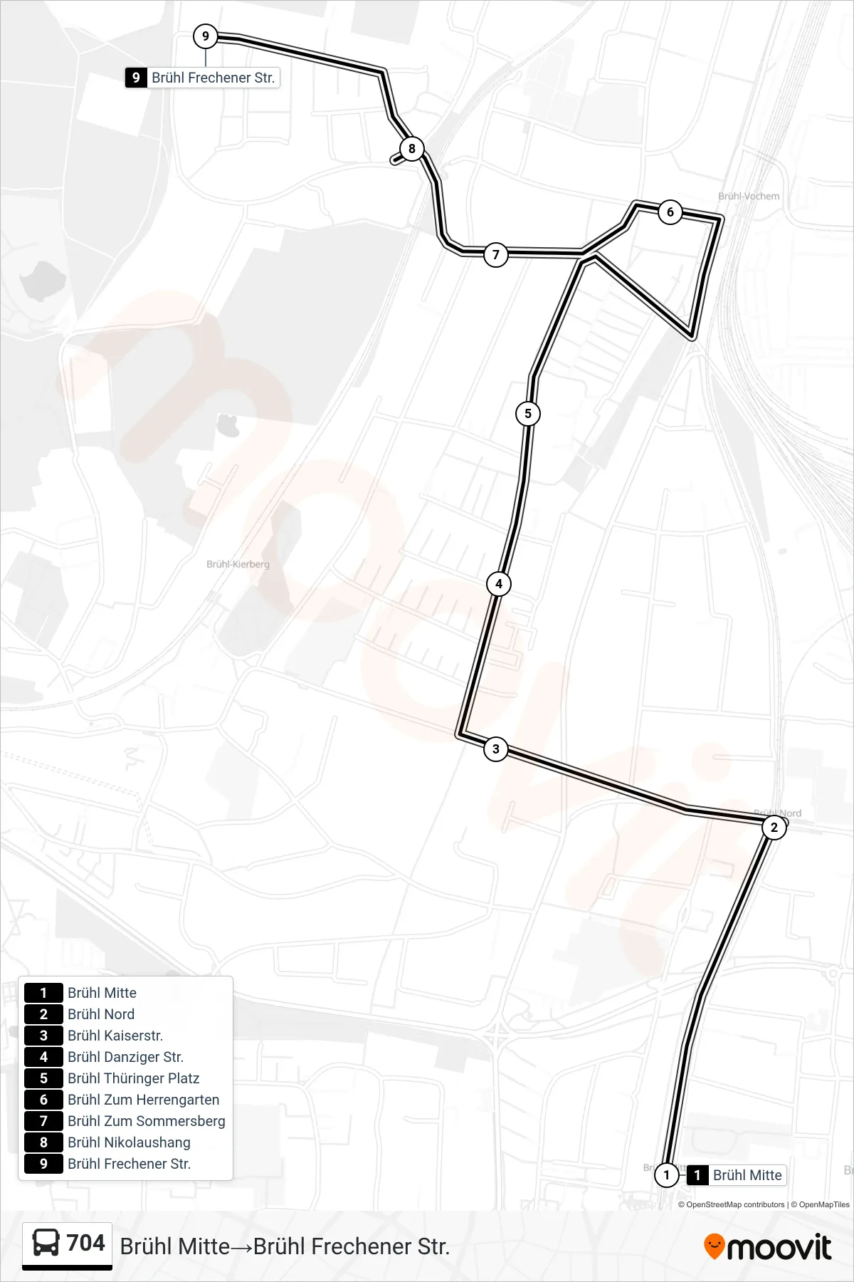 Linie 704 (Bus) Richtung Brühl Mitte→Brühl Frechener Str.: Route und Haltestellen auf der Karte