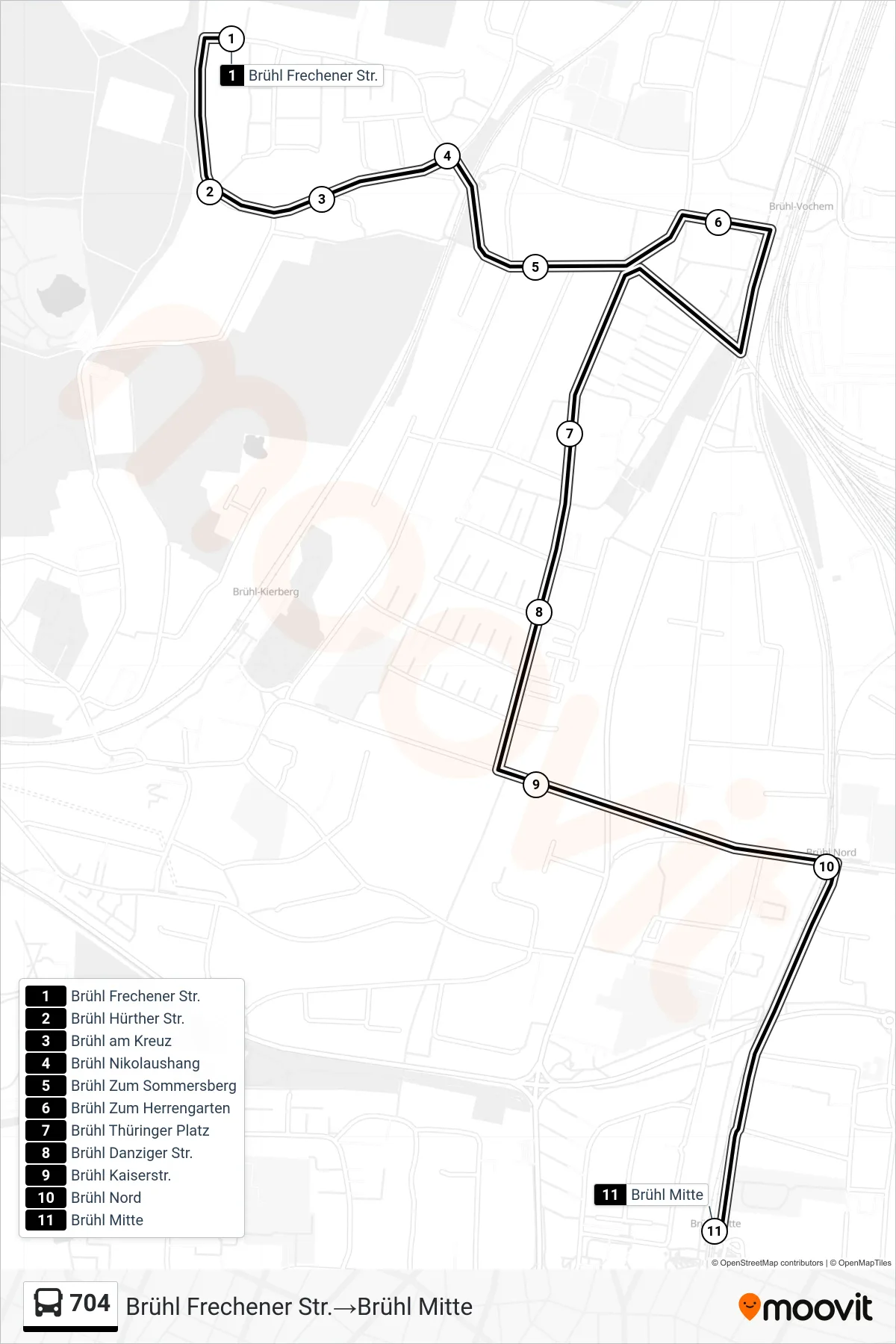 Linie 704 (Bus) Richtung Brühl Frechener Str.→Brühl Mitte: Route und Haltestellen auf der Karte