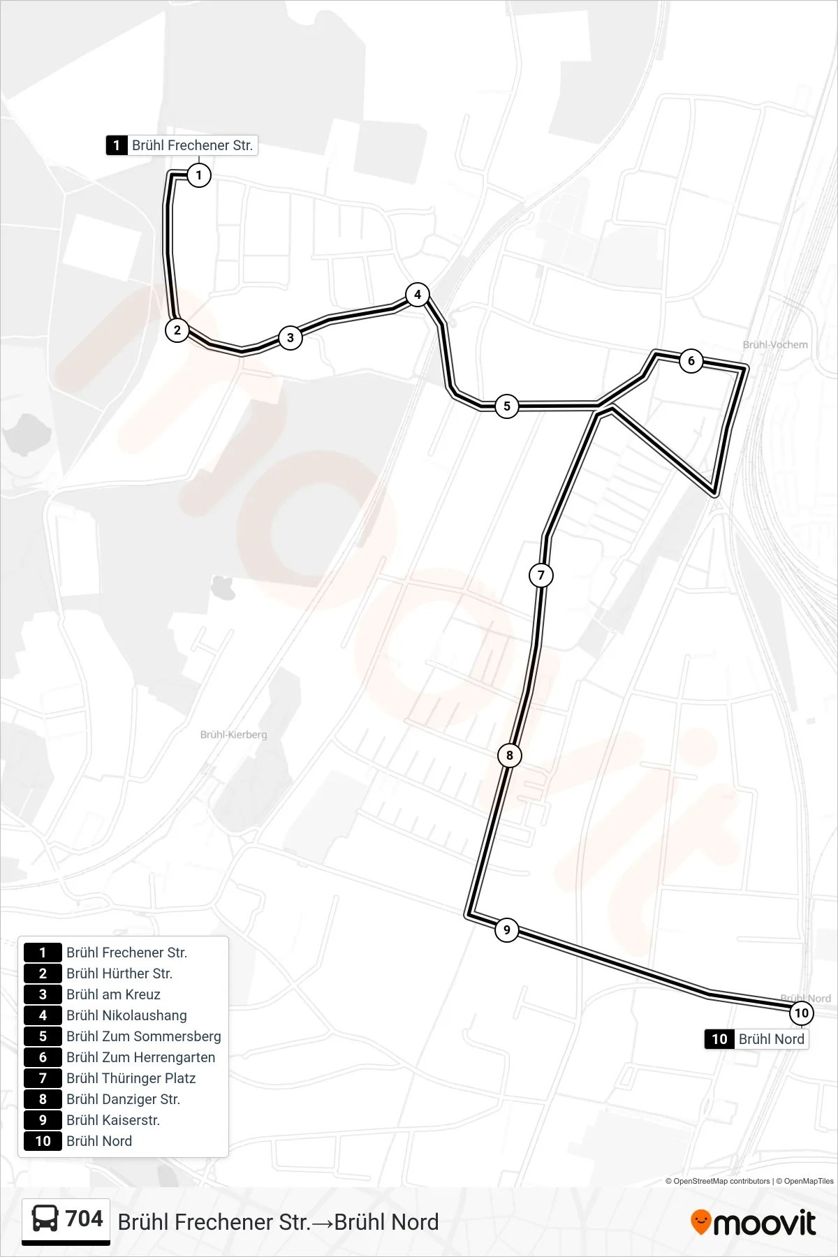 Linie 704 (Bus) Richtung Brühl Frechener Str.→Brühl Nord: Route und Haltestellen auf der Karte