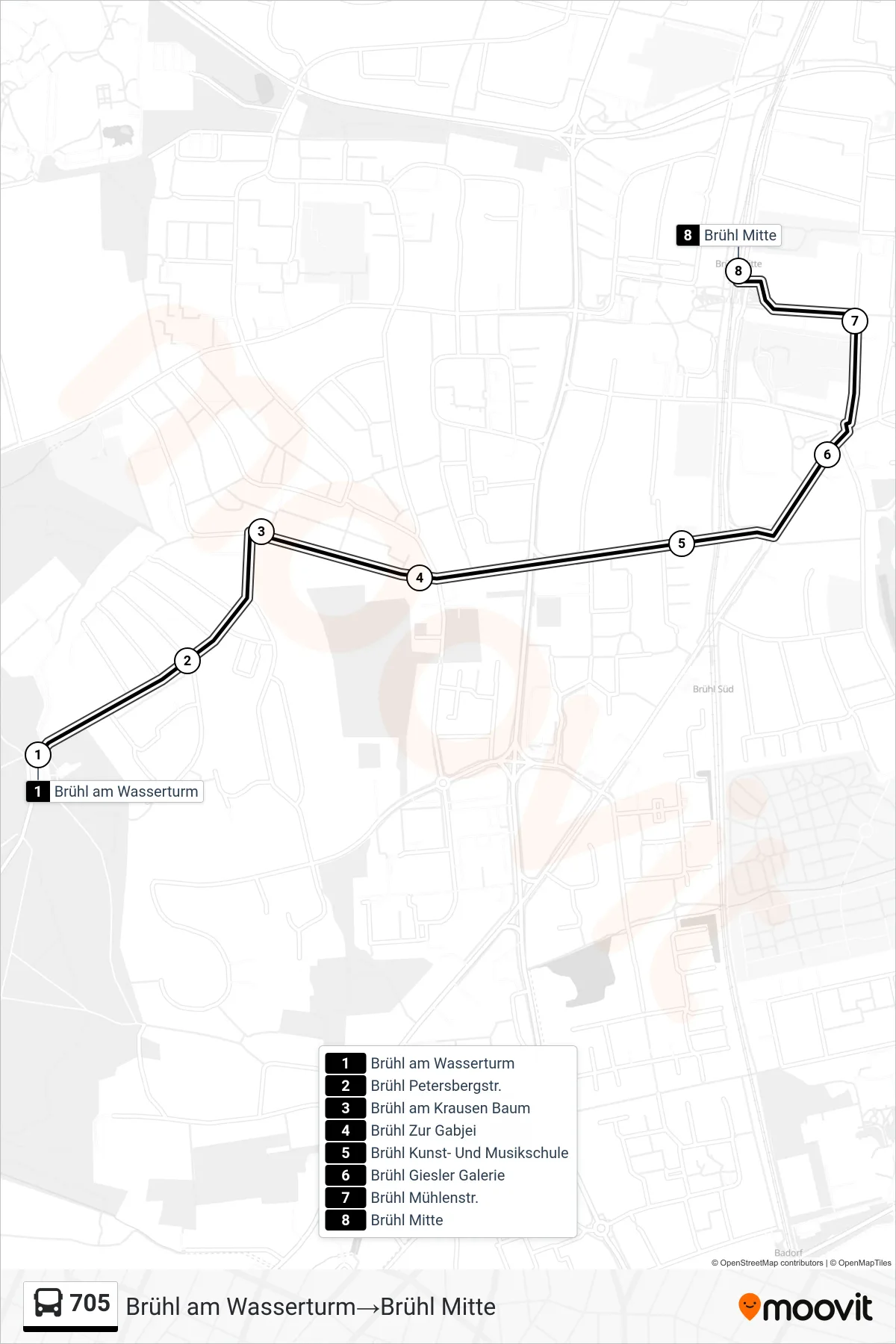 Linie 705 (Bus) Richtung Brühl am Wasserturm→Brühl Mitte: Route und Haltestellen auf der Karte