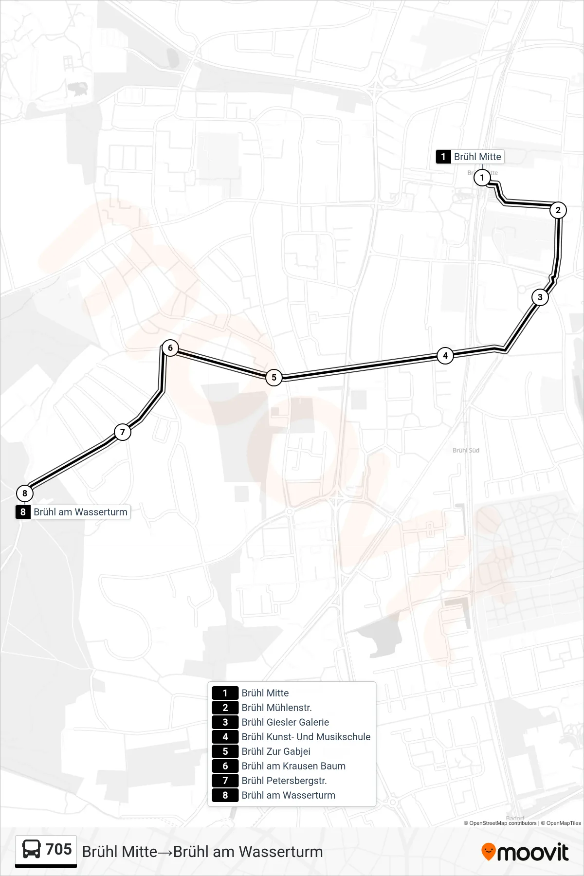 705 bus Line (Brühl Mitte‎→Brühl am Wasserturm) route and stops on a map