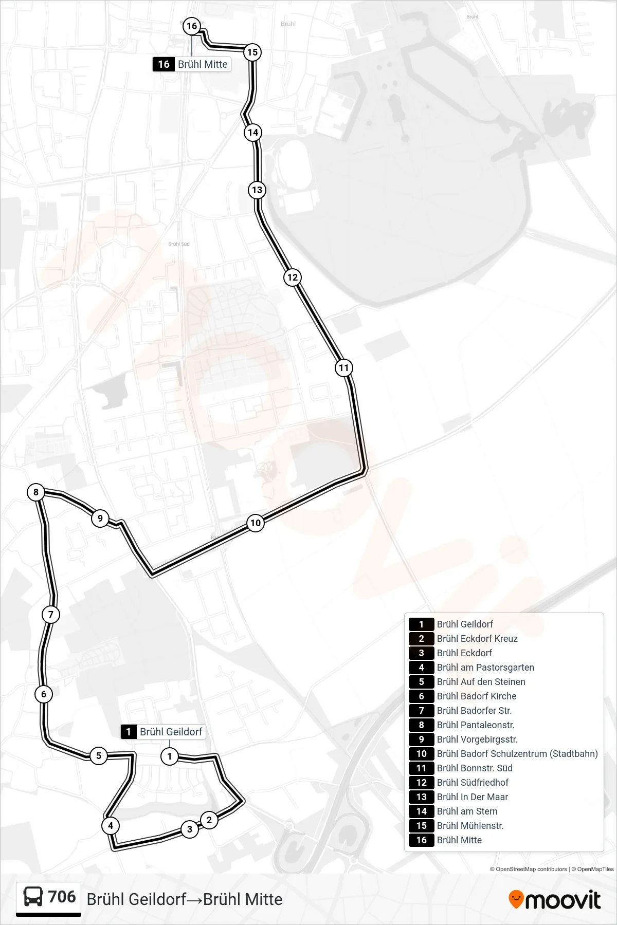 706 bus Line (Brühl Geildorf‎→Brühl Mitte) route and stops on a map