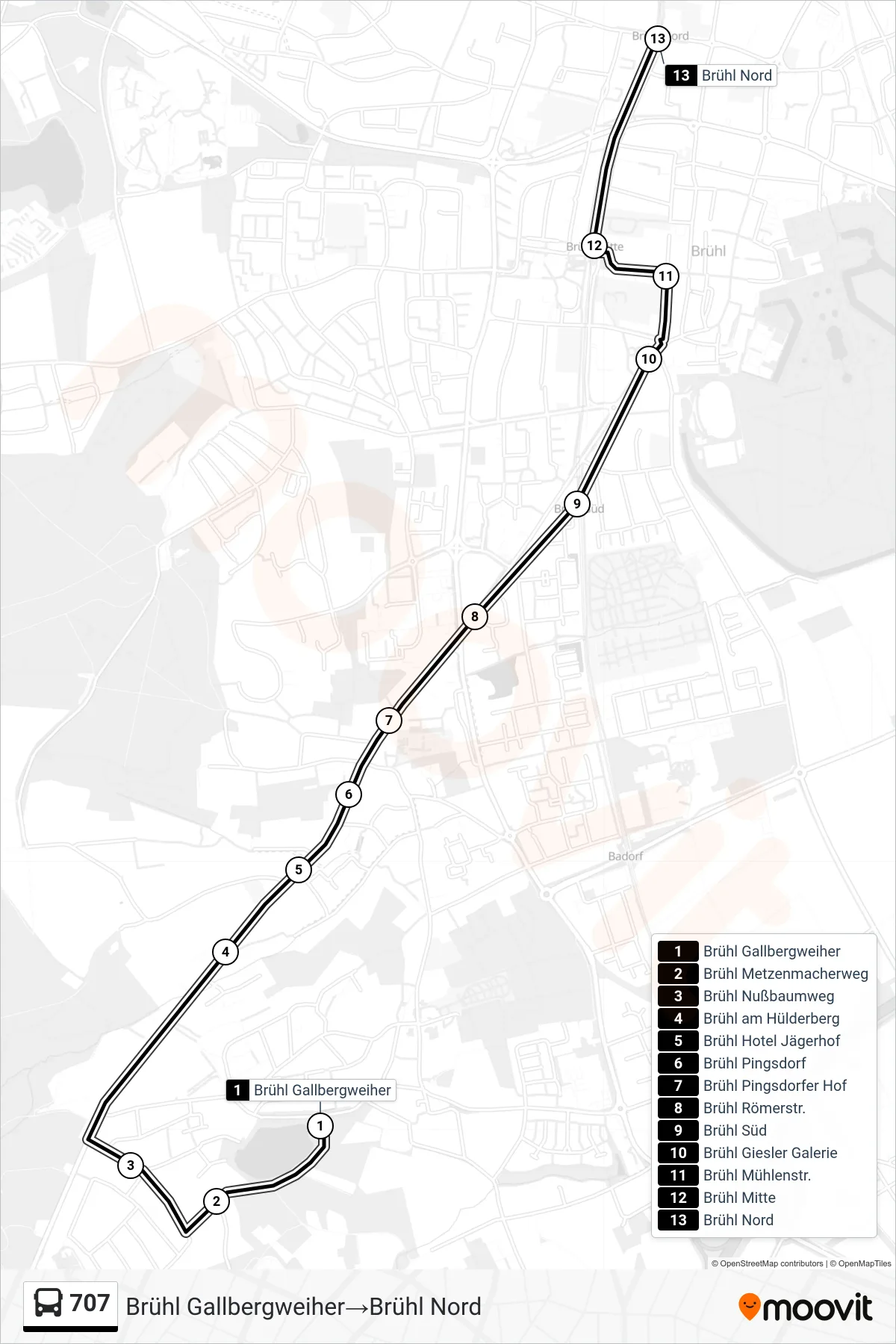 Linie 707 (Bus) Richtung Brühl Gallbergweiher‎→Brühl Nord: Route und Haltestellen auf der Karte