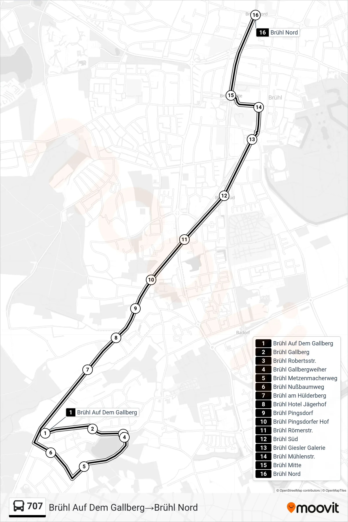 Linie 707 (Bus) Richtung Brühl Auf Dem Gallberg‎→Brühl Nord: Route und Haltestellen auf der Karte