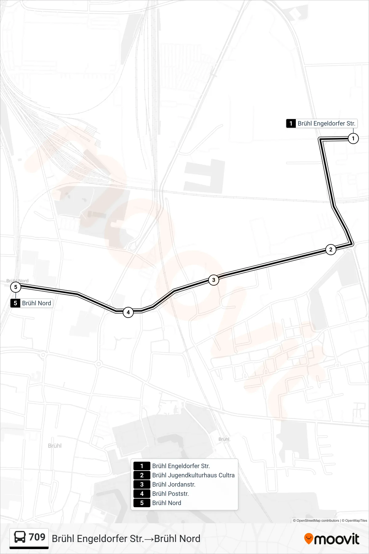 709 bus Line (Brühl Engeldorfer Str.‎→Brühl Nord) route and stops on a map
