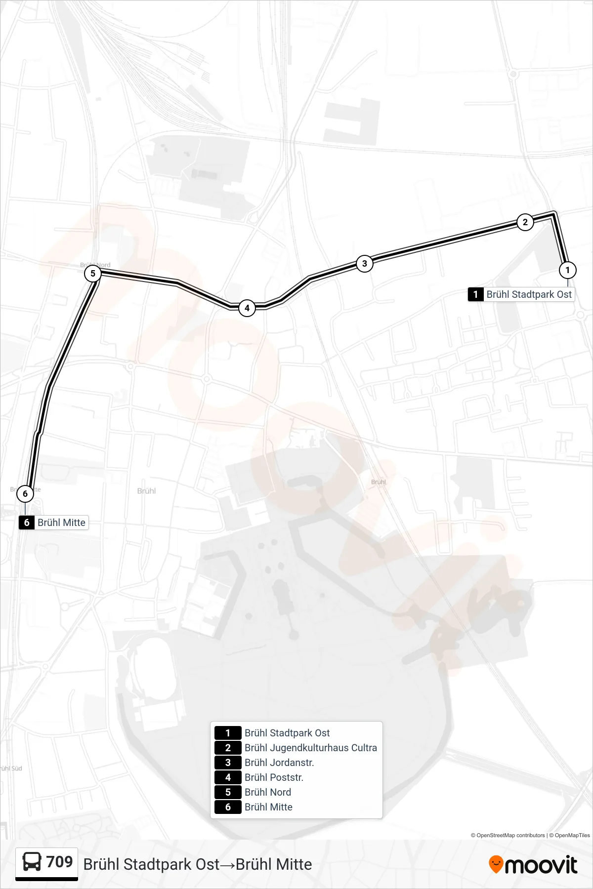 709 bus Line (Brühl Stadtpark Ost‎→Brühl Mitte) route and stops on a map