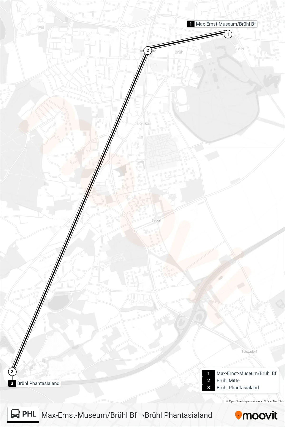 PHL bus Line (Max-Ernst-Museum/Brühl Bf‎→Brühl Phantasialand) route and stops on a map