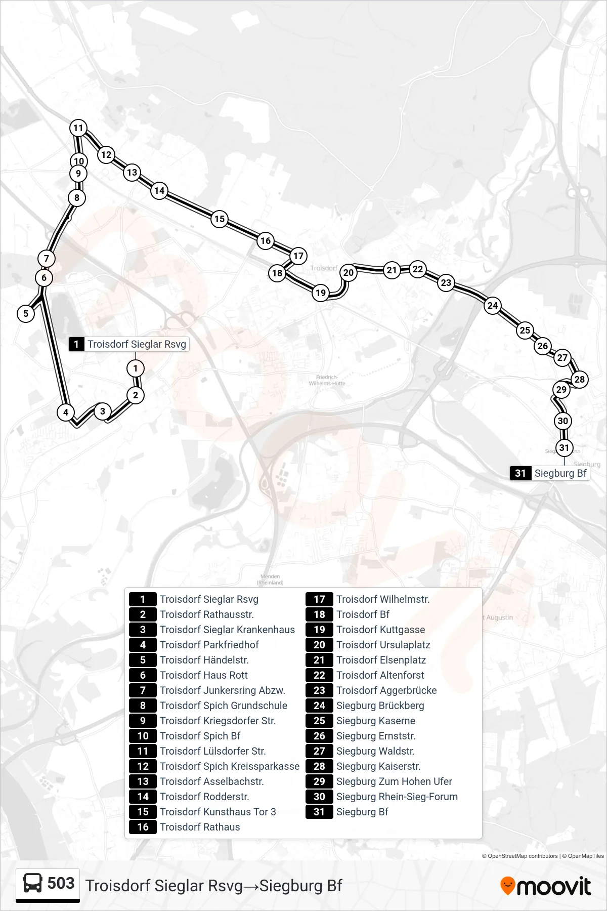 Linie 503 (Bus) Richtung Troisdorf Sieglar Rsvg→Siegburg Bf: Route und Haltestellen auf der Karte