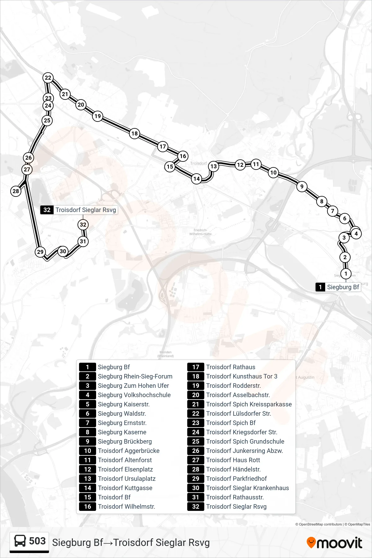 Linie 503 (Bus) Richtung Siegburg Bf→Troisdorf Sieglar Rsvg: Route und Haltestellen auf der Karte