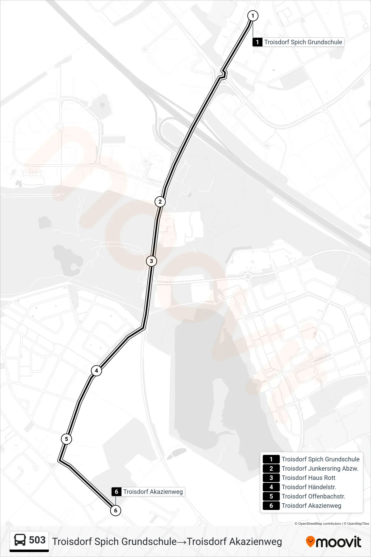 Linie 503 (Bus) Richtung Troisdorf Spich Grundschule→Troisdorf Akazienweg: Route und Haltestellen auf der Karte