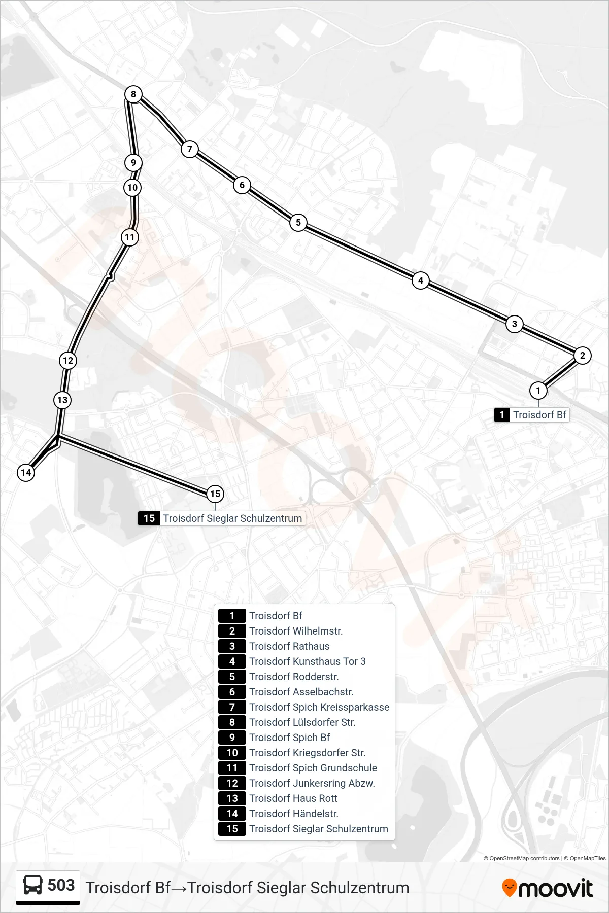Linie 503 (Bus) Richtung Troisdorf Bf→Troisdorf Sieglar Schulzentrum: Route und Haltestellen auf der Karte