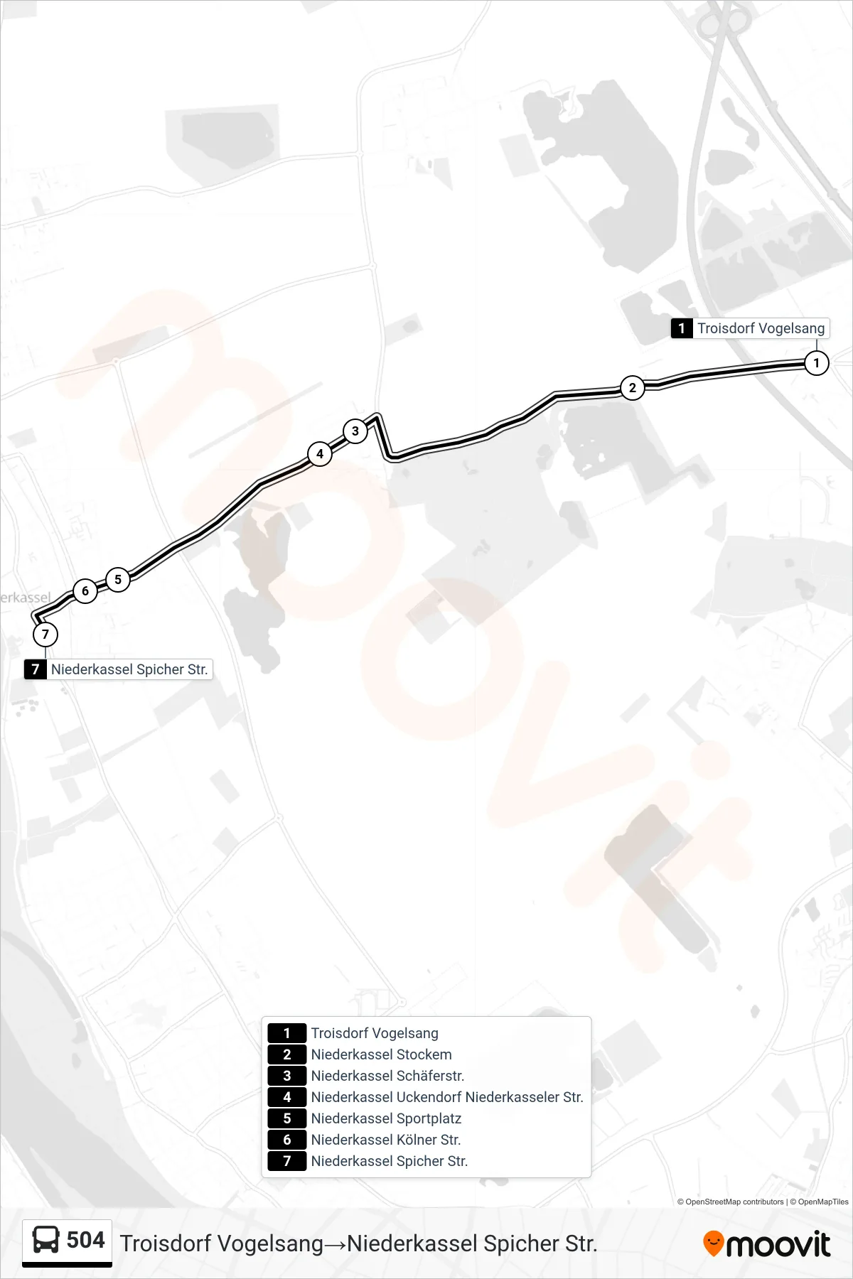 Linie 504 (Bus) Richtung Troisdorf Vogelsang→Niederkassel Spicher Str.: Route und Haltestellen auf der Karte