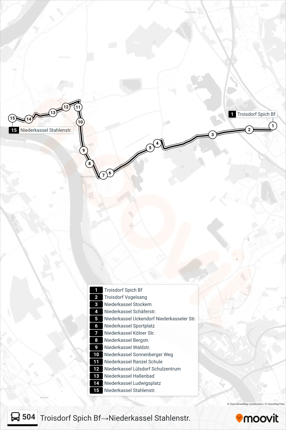 Linie 504 (Bus) Richtung Troisdorf Spich Bf→Niederkassel Stahlenstr.: Route und Haltestellen auf der Karte