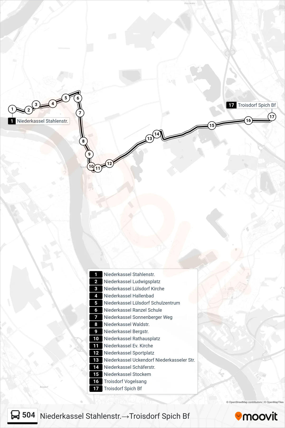Linie 504 (Bus) Richtung Niederkassel Stahlenstr.→Troisdorf Spich Bf: Route und Haltestellen auf der Karte