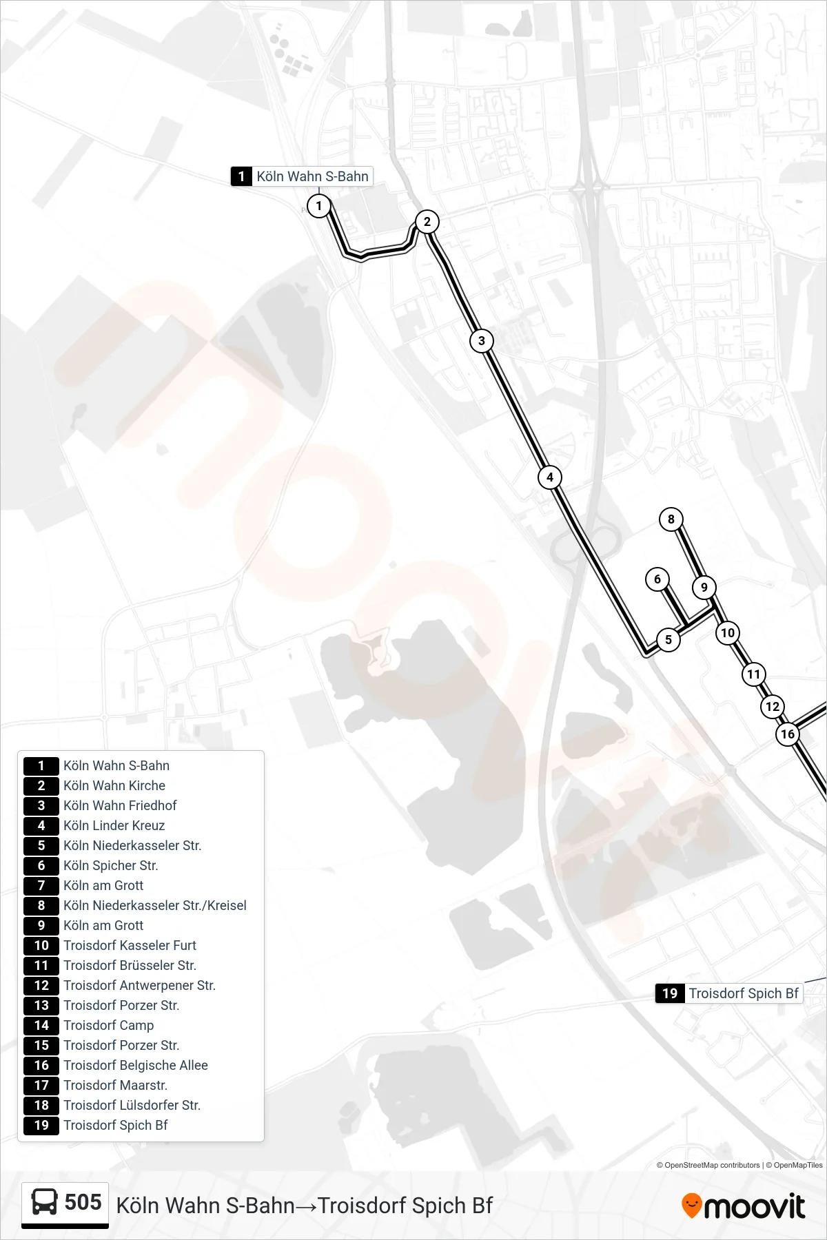 Linie 505 (Bus) Richtung Köln Wahn S-Bahn→Troisdorf Spich Bf: Route und Haltestellen auf der Karte