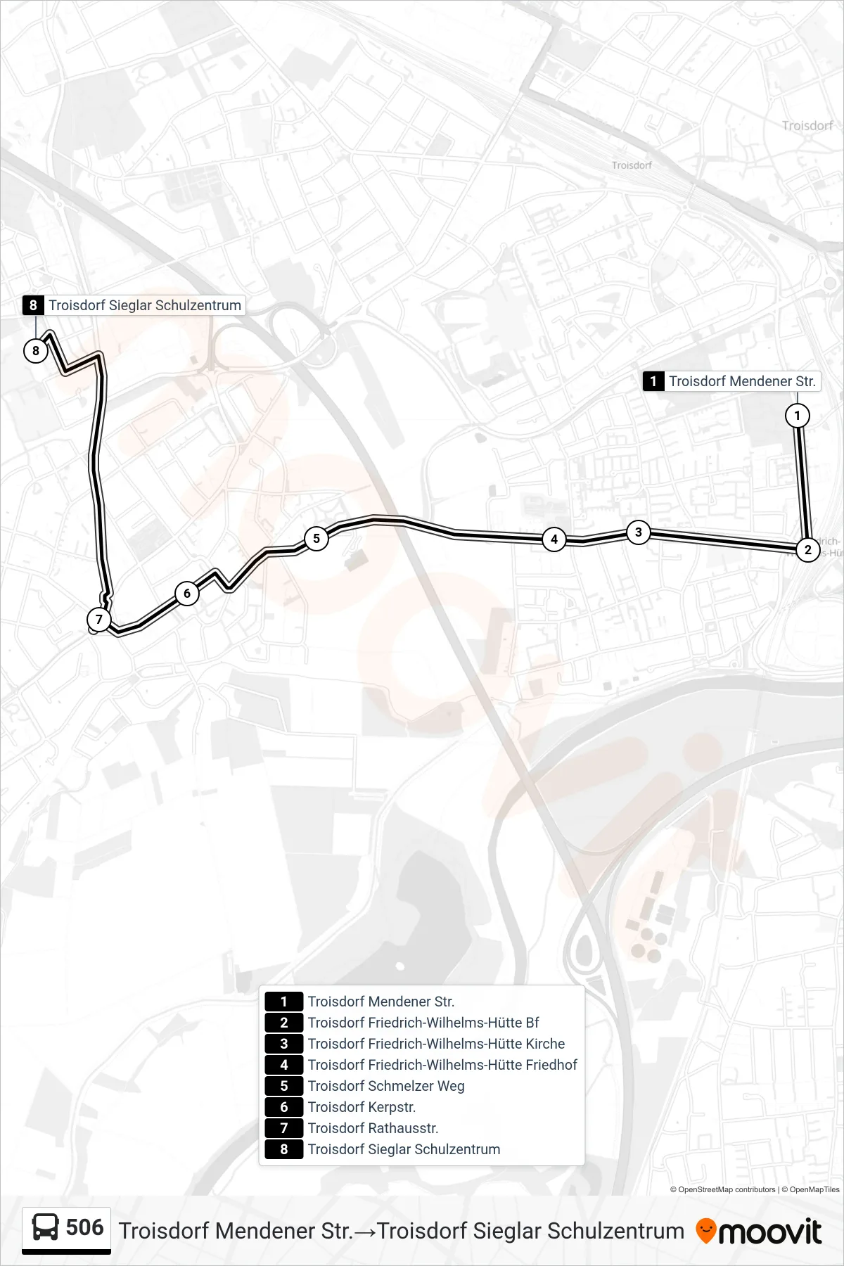 Linie 506 (Bus) Richtung Troisdorf Mendener Str.→Troisdorf Sieglar Schulzentrum: Route und Haltestellen auf der Karte