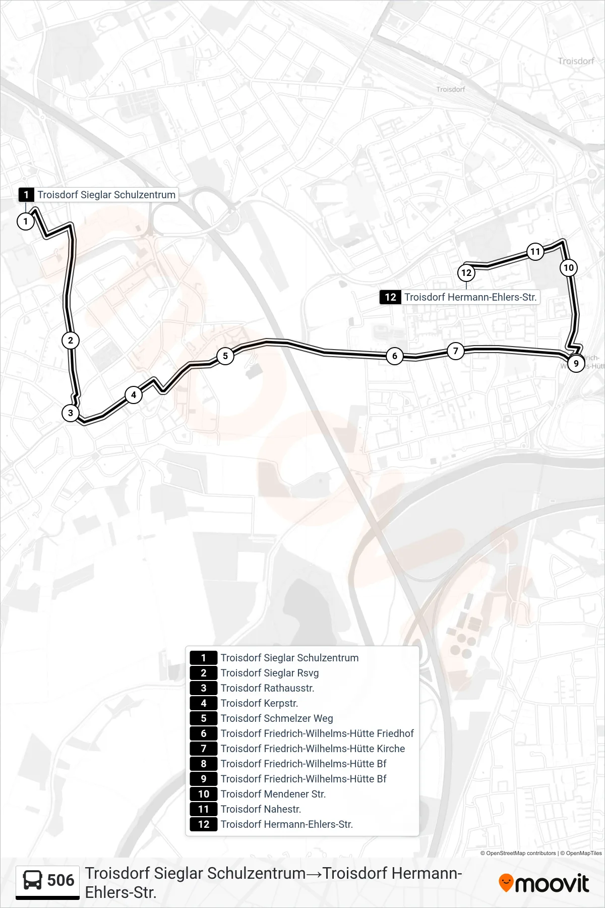 Linie 506 (Bus) Richtung Troisdorf Sieglar Schulzentrum→Troisdorf Hermann-Ehlers-Str.: Route und Haltestellen auf der Karte