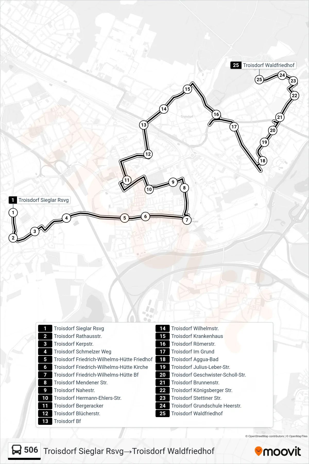 Linie 506 (Bus) Richtung Troisdorf Sieglar Rsvg→Troisdorf Waldfriedhof: Route und Haltestellen auf der Karte