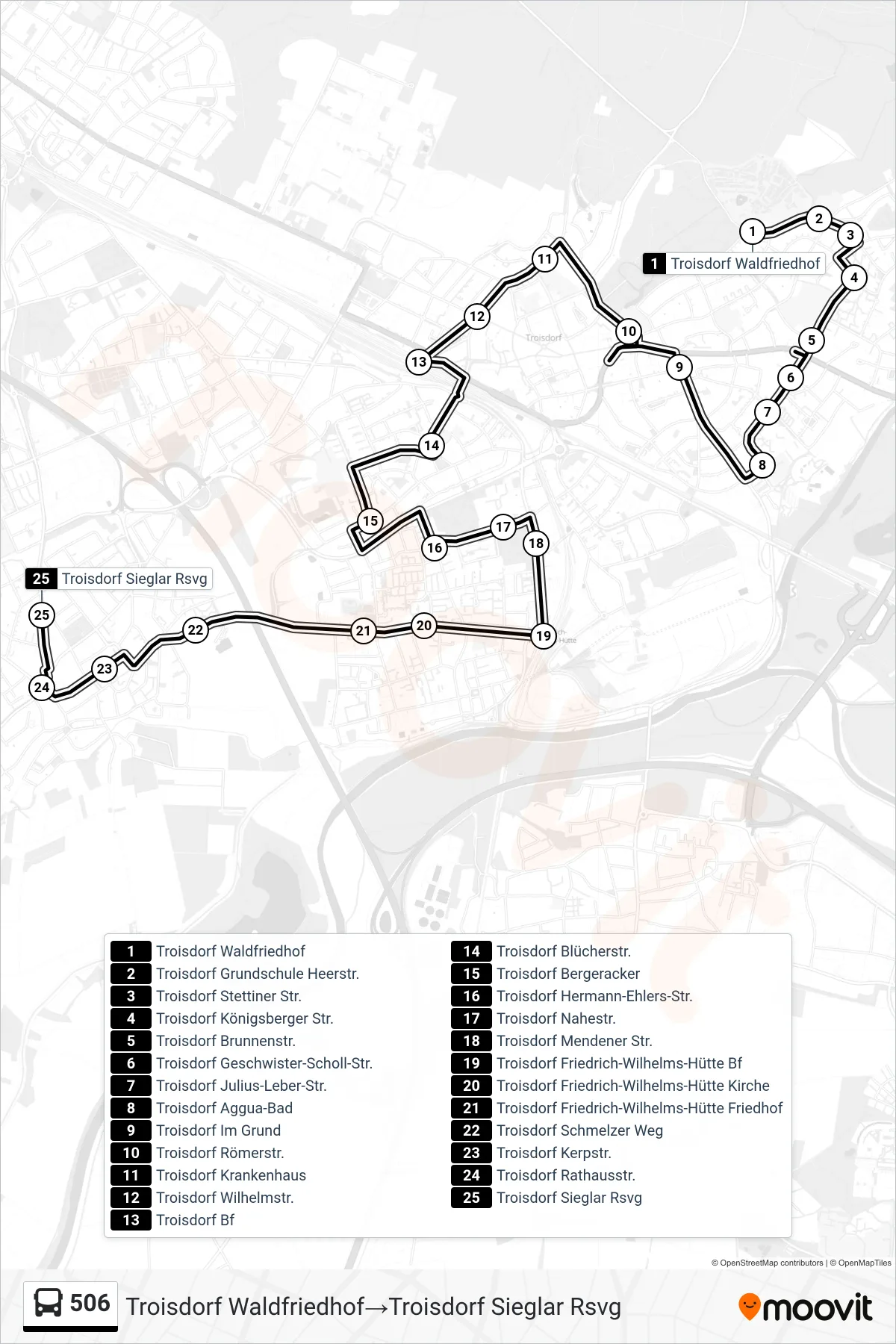 Linie 506 (Bus) Richtung Troisdorf Waldfriedhof→Troisdorf Sieglar Rsvg: Route und Haltestellen auf der Karte