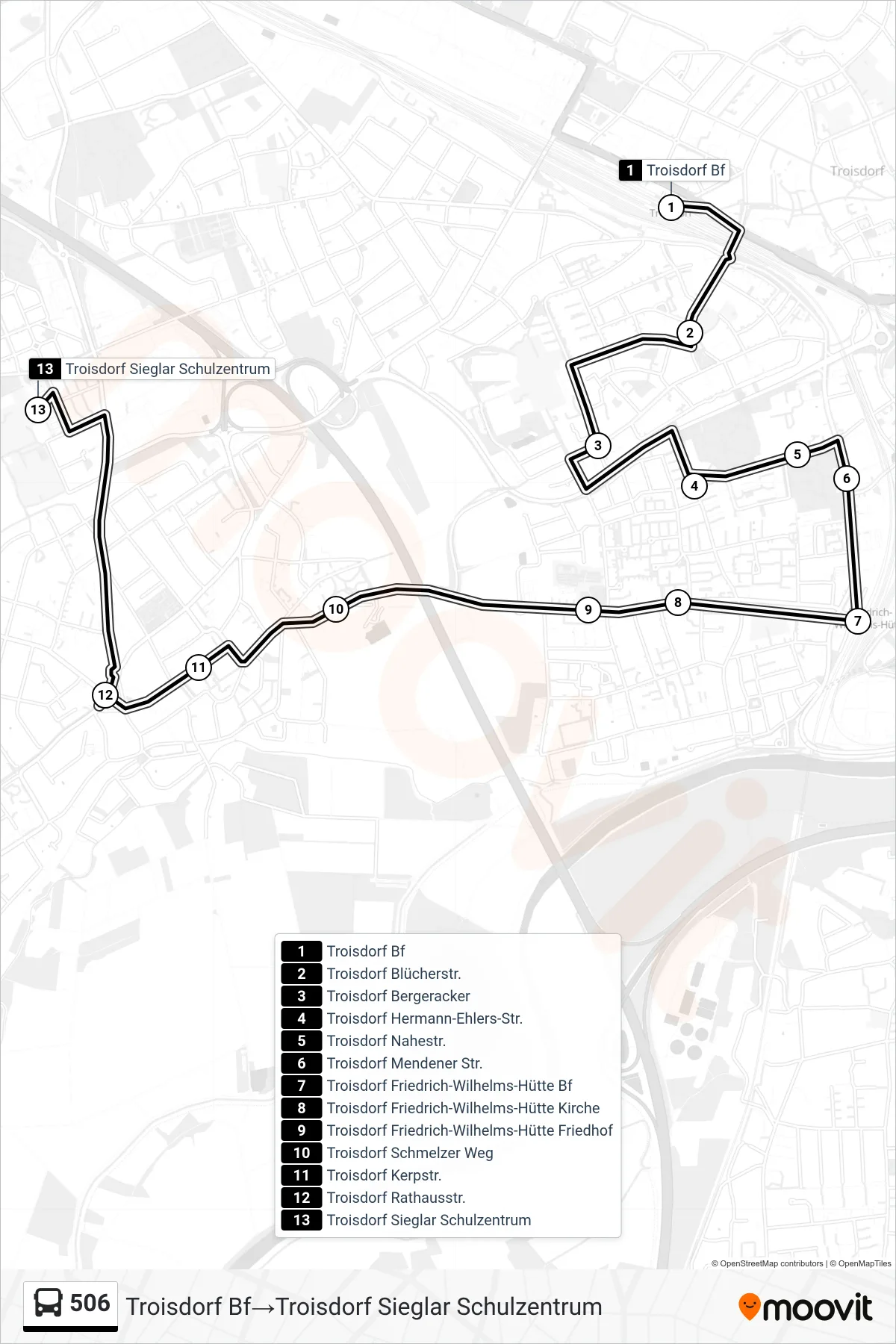 Linie 506 (Bus) Richtung Troisdorf Bf→Troisdorf Sieglar Schulzentrum: Route und Haltestellen auf der Karte
