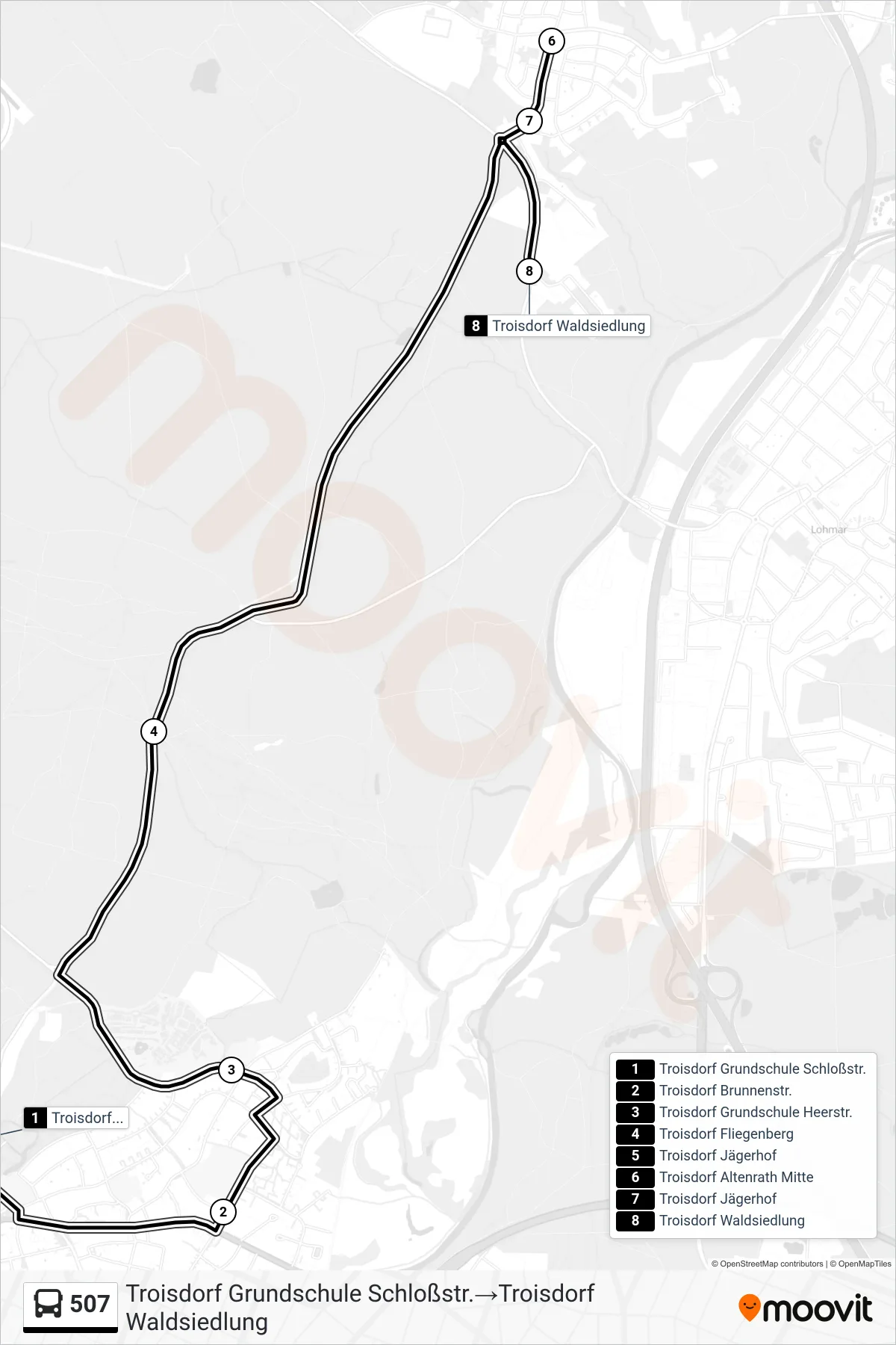 Linie 507 (Bus) Richtung Troisdorf Grundschule Schloßstr.→Troisdorf Waldsiedlung: Route und Haltestellen auf der Karte