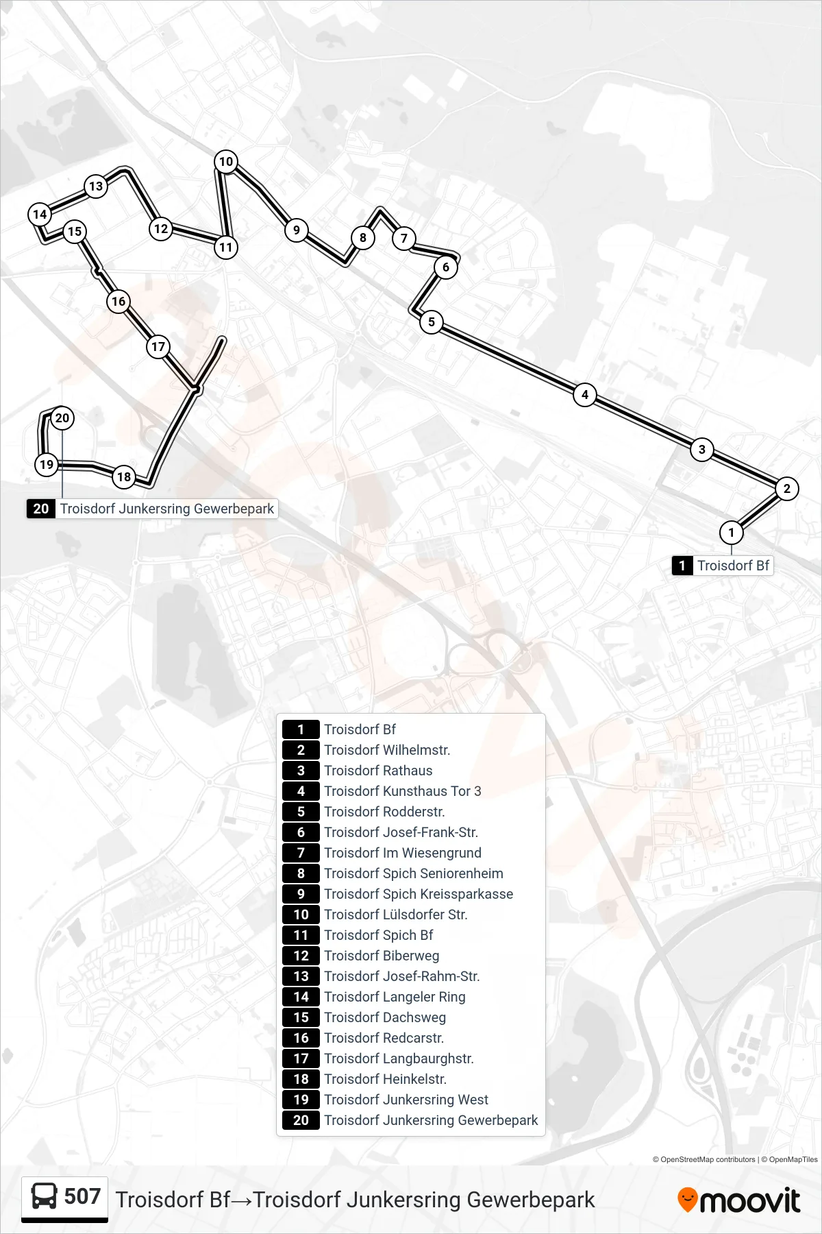 Linie 507 (Bus) Richtung Troisdorf Bf→Troisdorf Junkersring Gewerbepark: Route und Haltestellen auf der Karte