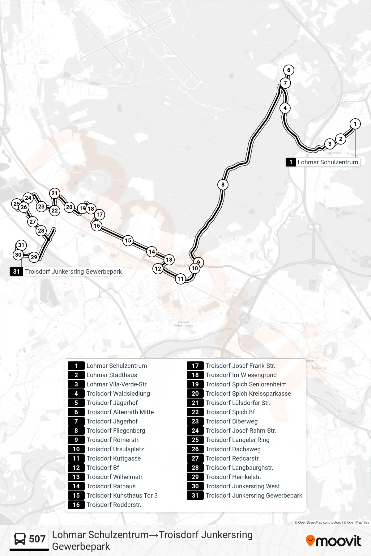 Linie 507 (Bus) Richtung Lohmar Schulzentrum→Troisdorf Junkersring Gewerbepark: Route und Haltestellen auf der Karte