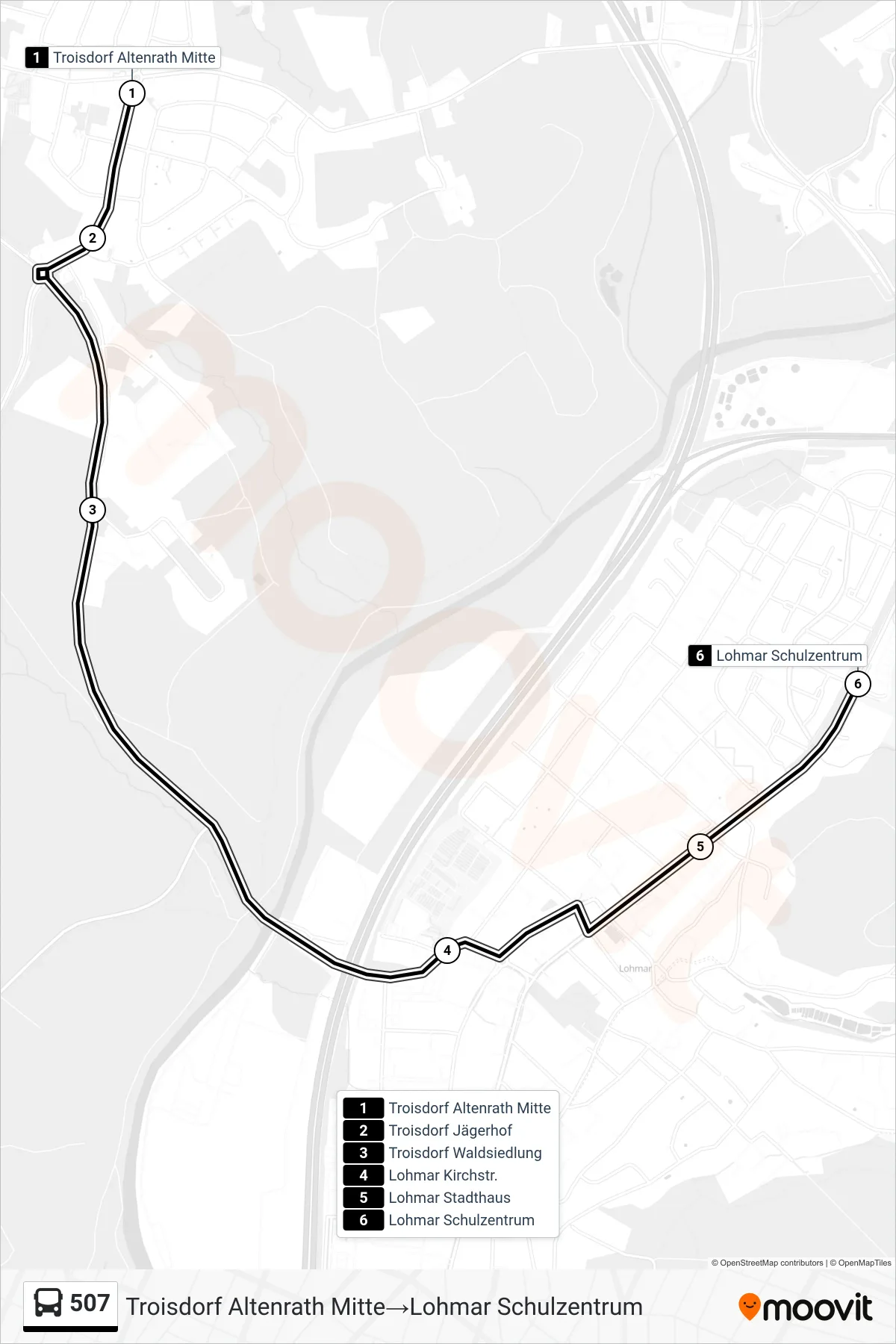 Linie 507 (Bus) Richtung Troisdorf Altenrath Mitte→Lohmar Schulzentrum: Route und Haltestellen auf der Karte